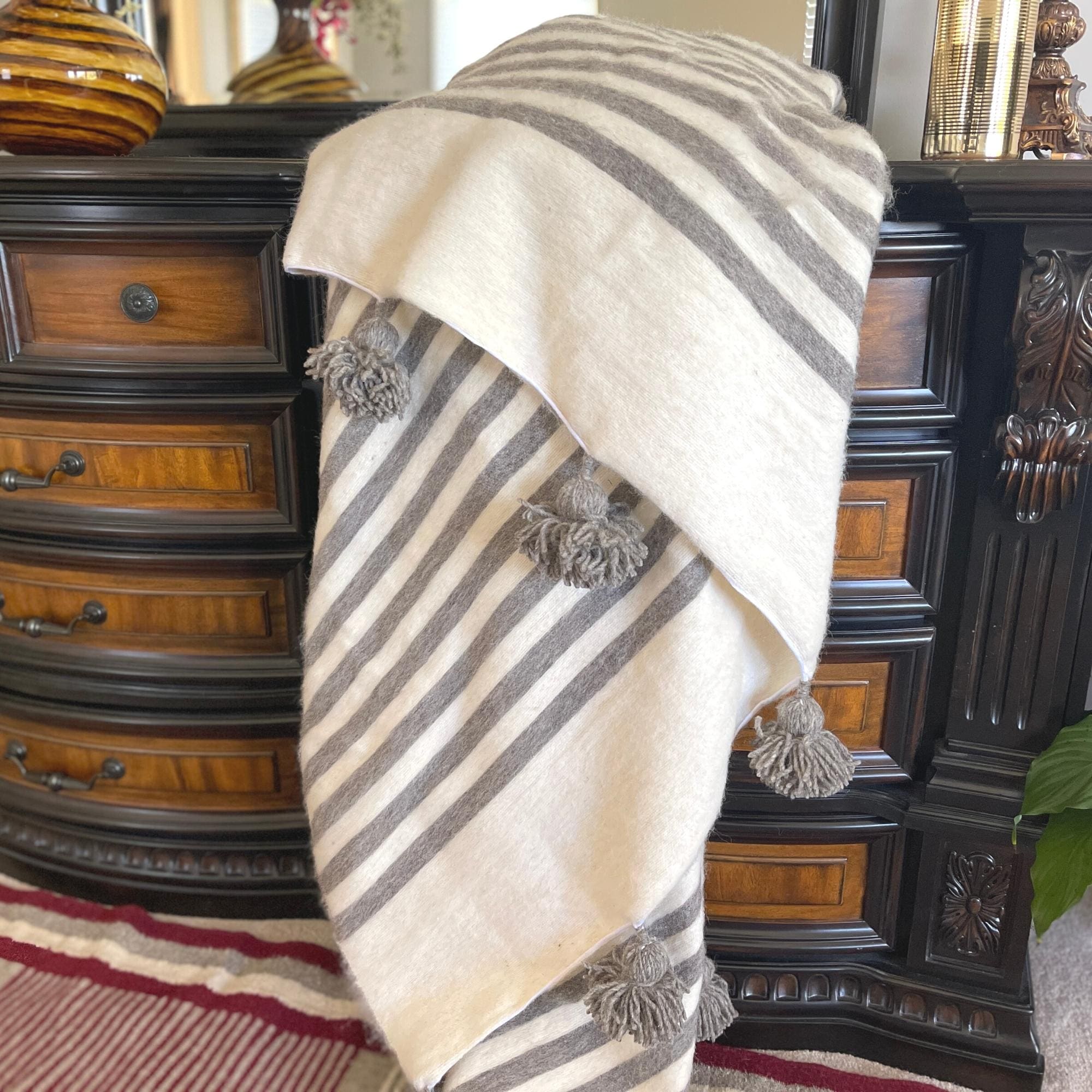 Hand Woven Wool Pom Pom Blanket Off White With Black Stripes