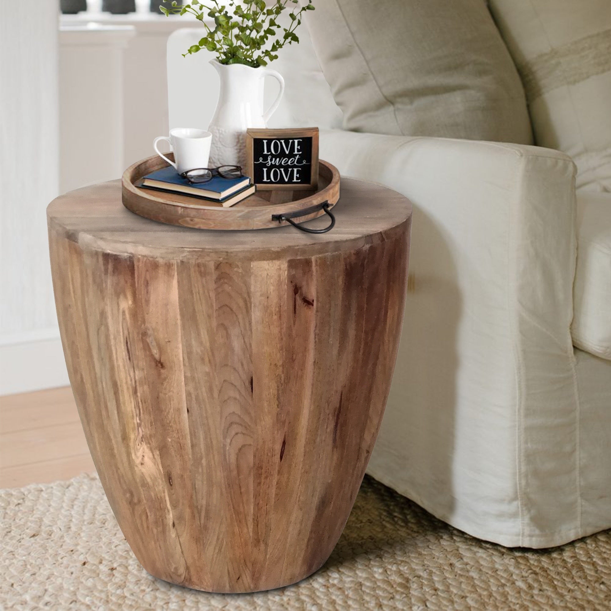 Handcarved Cylindrical Shape Round Mango Wood Distressed Wooden Side End Table Brown