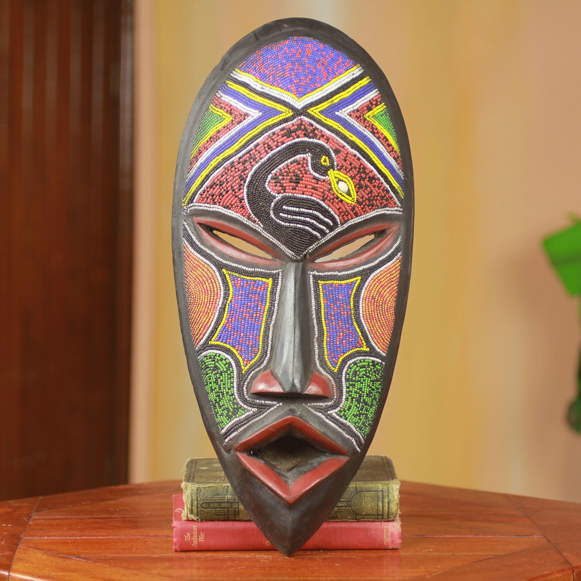 Handcrafted Beaded Rubber Wood Meton Ade Pa African Wall Mask Ghana