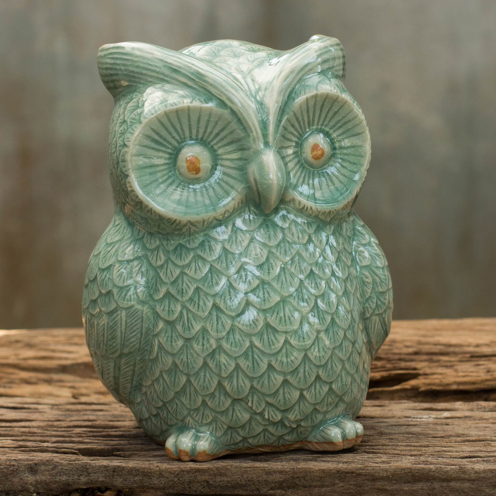 Handmade Ceramic Light Green Wise Owl Celadon Statuette Thailand