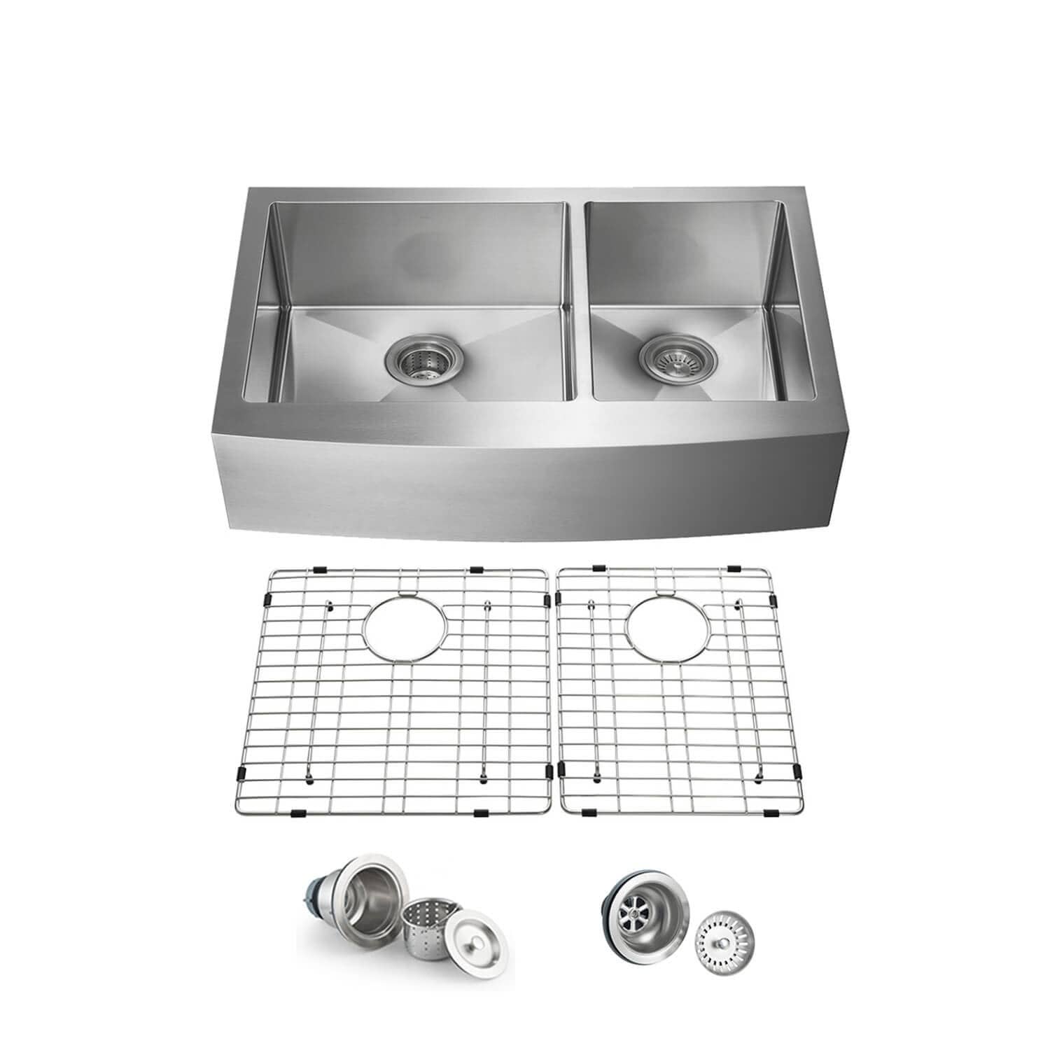 Handcrafted Farmhouse Apron Double Bowl Real 16 Gauge Stainless Steel Kitchen Sink With Strainer And Grid