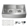 Inch Handcrafted Farmhouse Apron Double Bowl Real 16 Gauge Stainless Steel Kitchen Sink With Strainer And Grid
