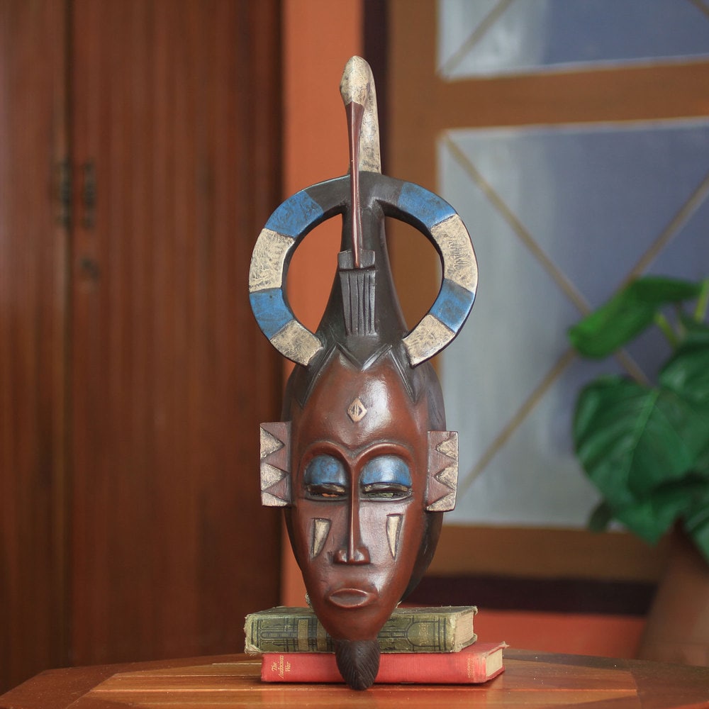 Handmade Sese Wood Ivoirian Flamingo Guardian Mask Ghana Blue Brown