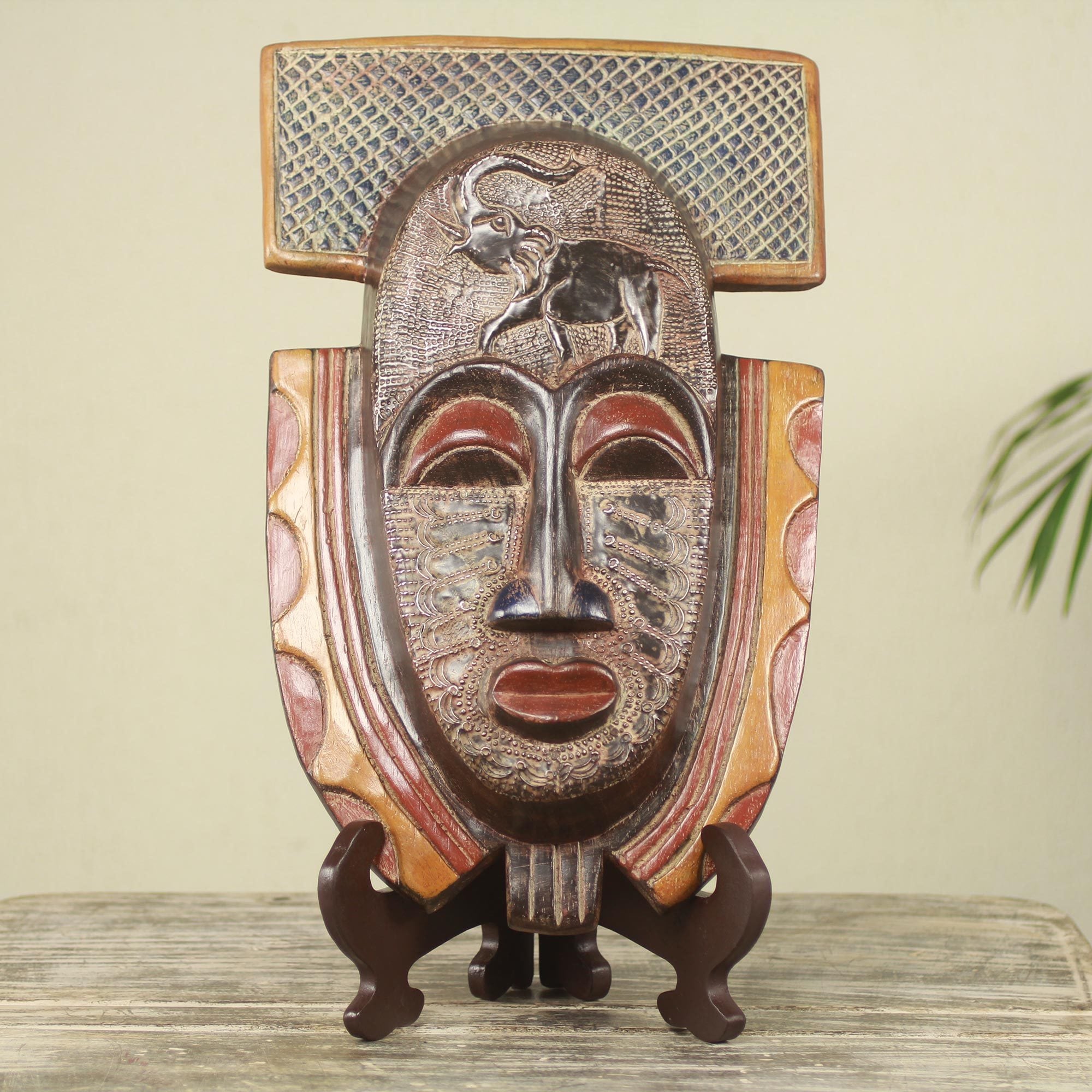 Handmade Sese Wood Royal Elephant African Mask And Stand Ghana Multi Color