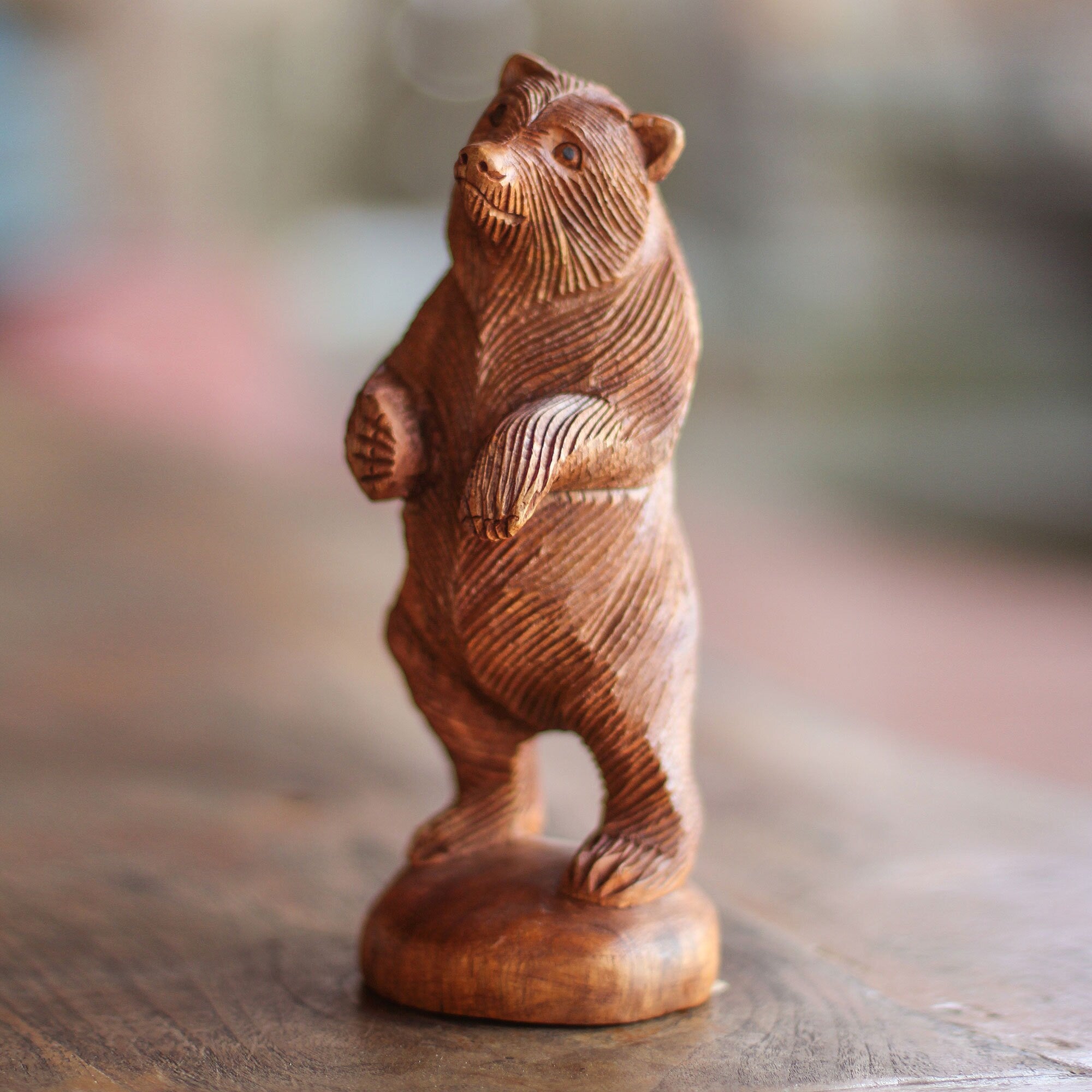 Handcrafted Suar Wood Inquisitive Brown Bear Statuette Indonesia
