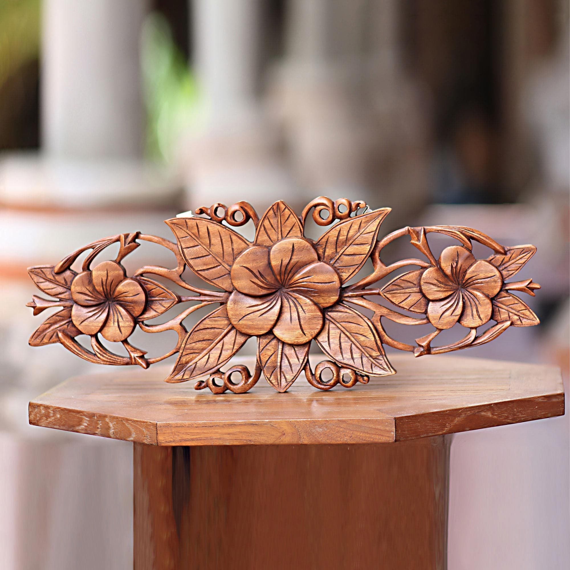 Handcrafted Suar Wood Three Plumeria Blossoms Wall Relief Panel Indonesia