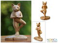 Handcrafted Suar Wood Tree Pose Yoga Cat Sculpture Handmade In Indonesia