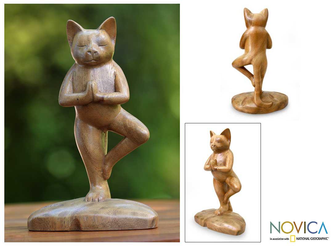 Handcrafted Suar Wood Tree Pose Yoga Cat Sculpture Handmade In Indonesia