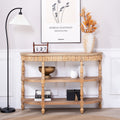 Handcrafted Wood Console Table With Hand Woven Trim 3 Tier Storage Shelves Oval Entryway Table With Carved Legs