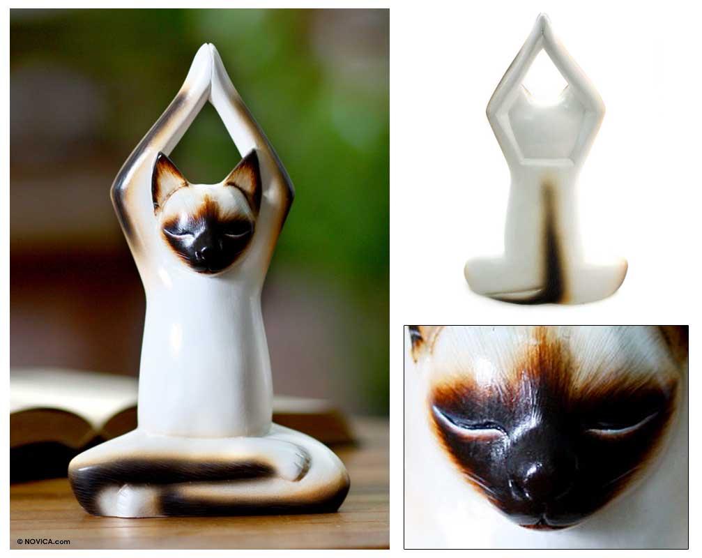 Handmade Wood Toward The Sky Yoga Cat Sculpture Indonesia
