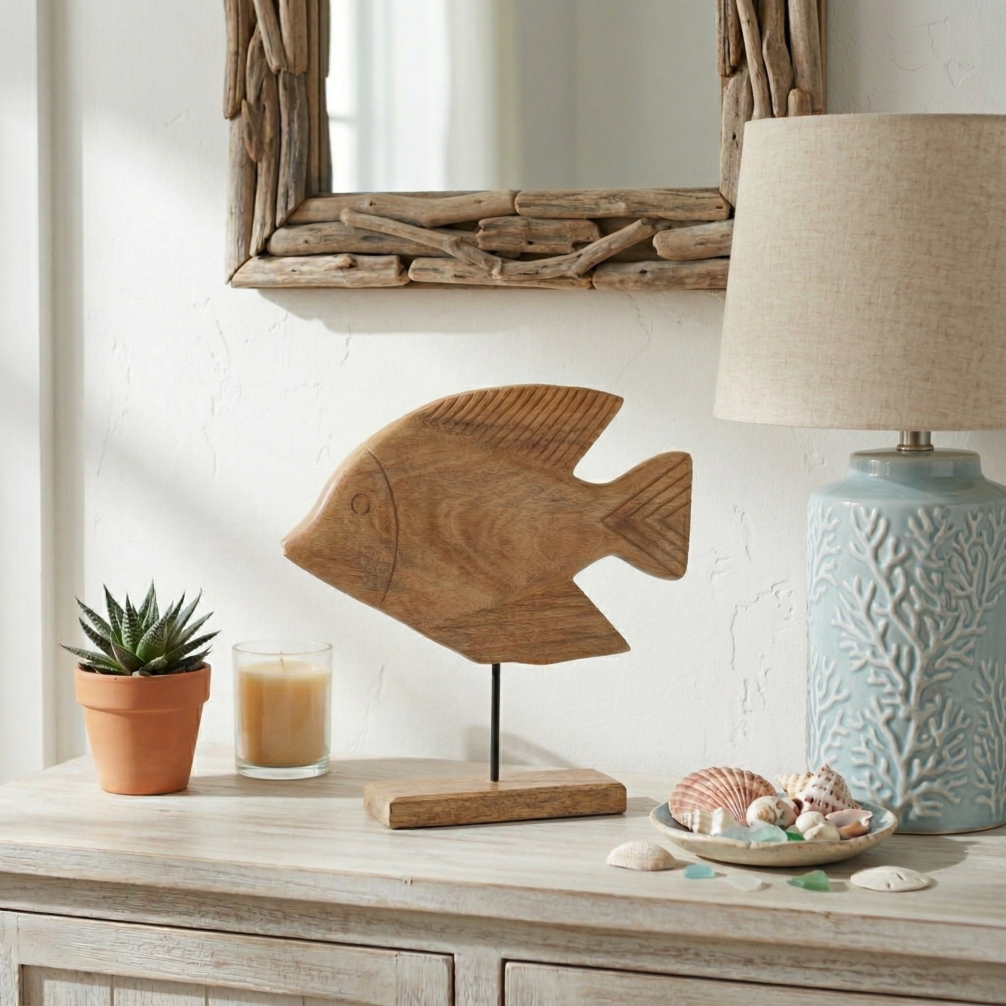 Handcrafted Wooden Fish Figurine On Base 16 Brown Tan 15.5