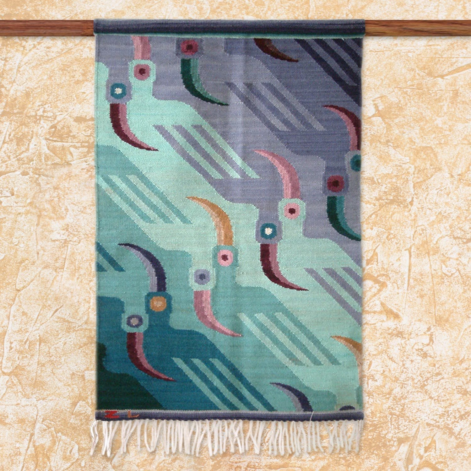 Handmade Wool Lilac Toucans Turquoise Lilac Blue Tapestry Peru