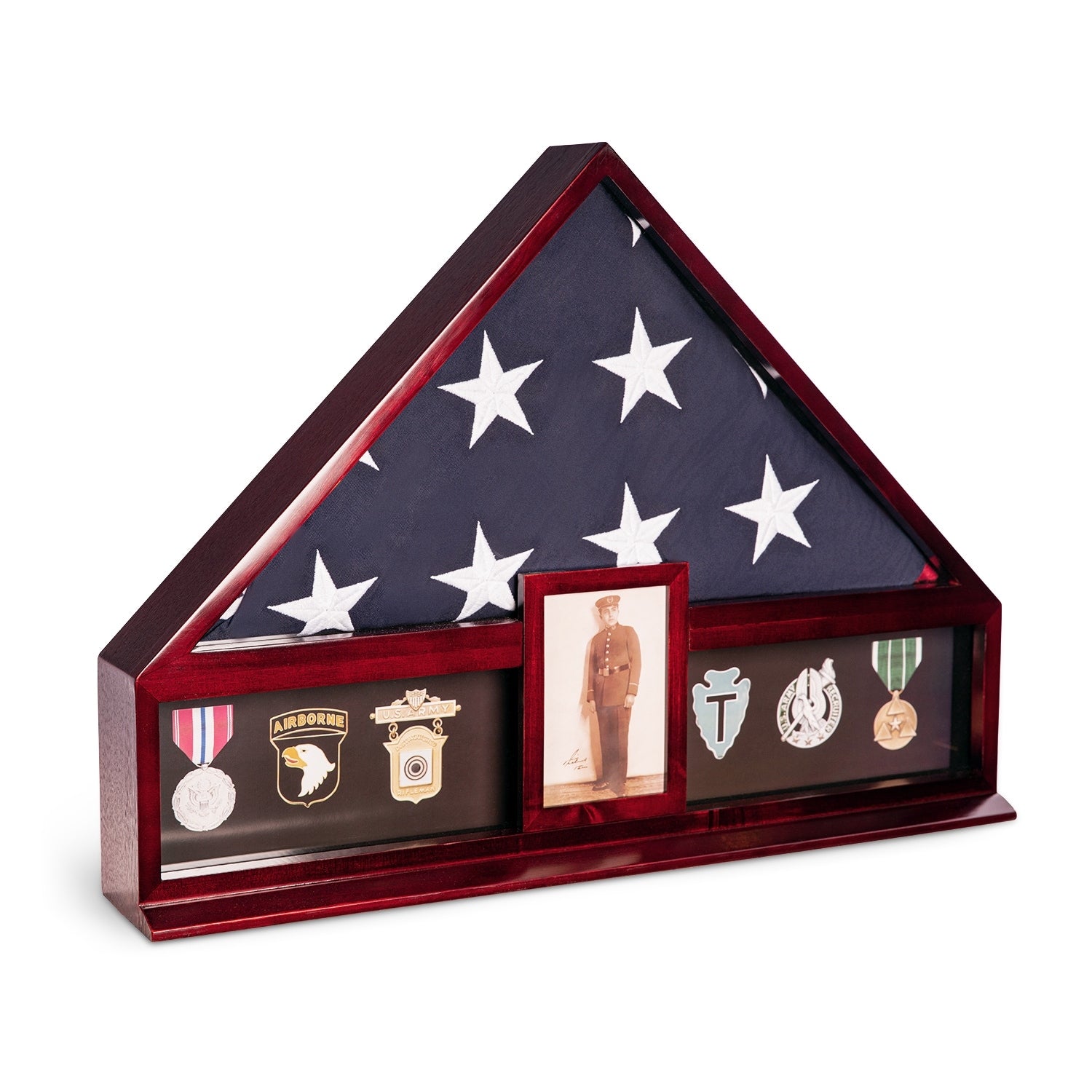 Handcrafted Military Flag And Medal Display Wood Case Large