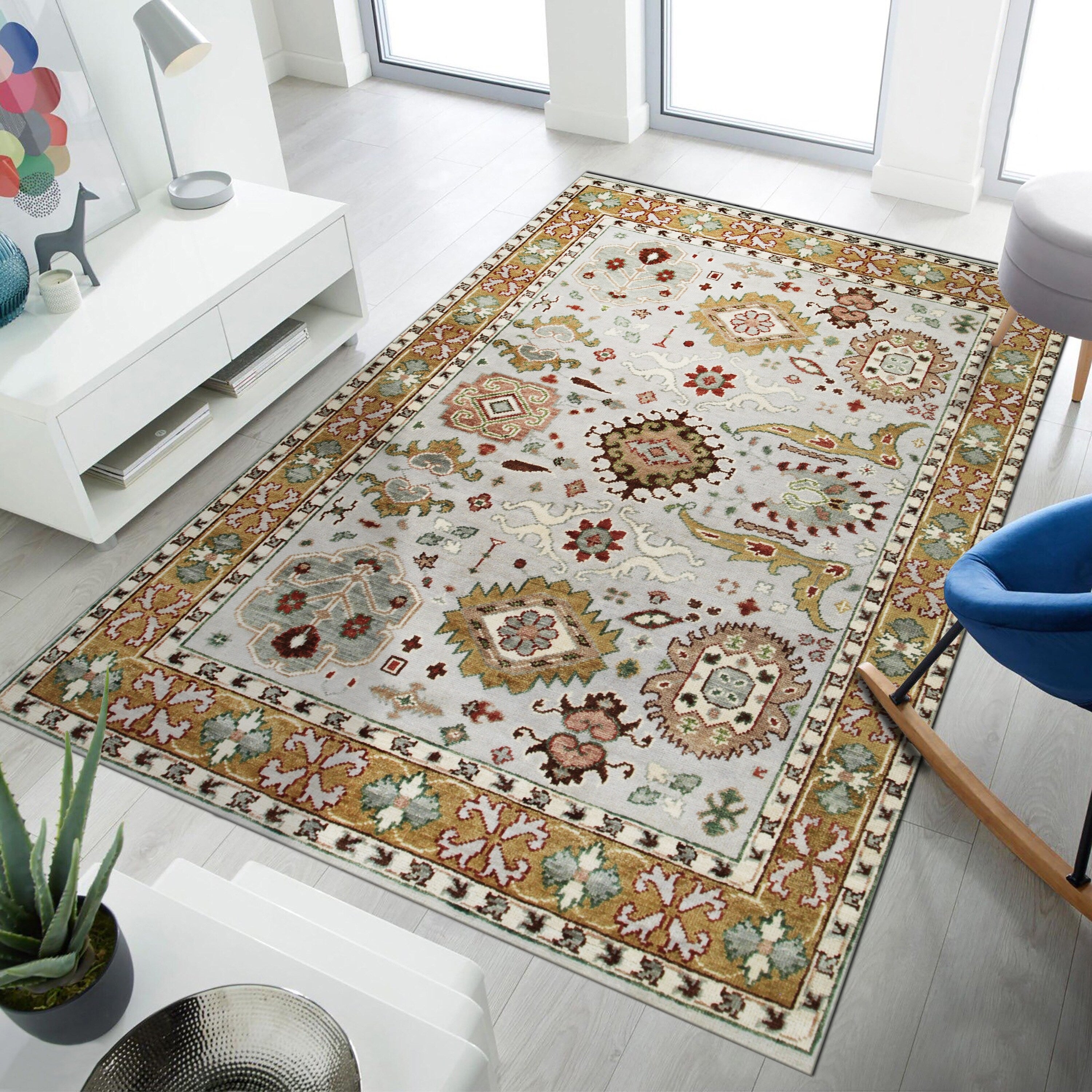 Handknotted Wool Grey Gold Traditional All Over Traditional Knot Rug 76 X 96