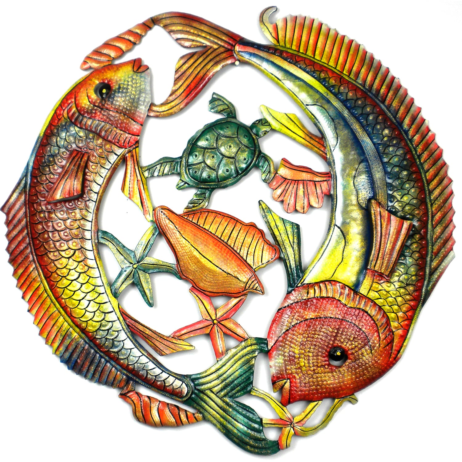 Handmade 24 Inch Painted Two Leaping Fish Metal Wall Art Haiti