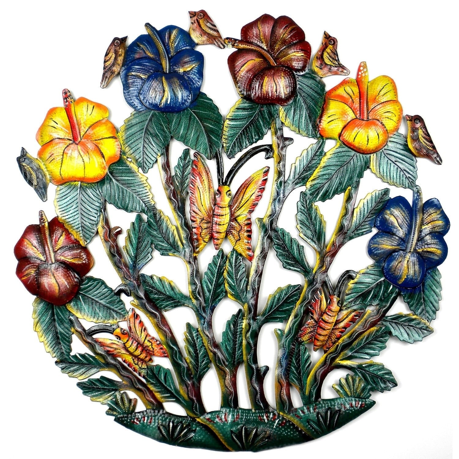 Handmade 24 Inch Painted Colorful Flower Garden Metal Wall Art Haiti