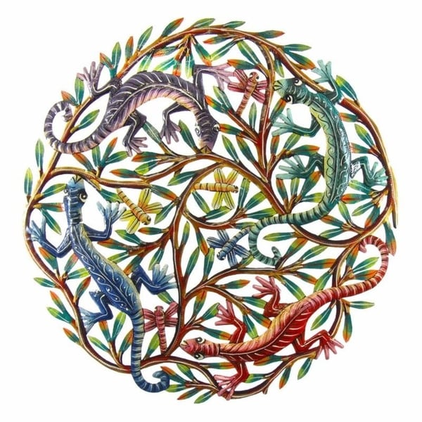 Handmade 24 Inch Painted Four Colorful Geckos Metal Wall Art Haiti
