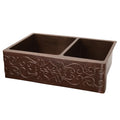 Premier Copper Products 33 Inch Hammered Copper Kitchen Apron 60 40 Double Basin Sink With Scroll Design