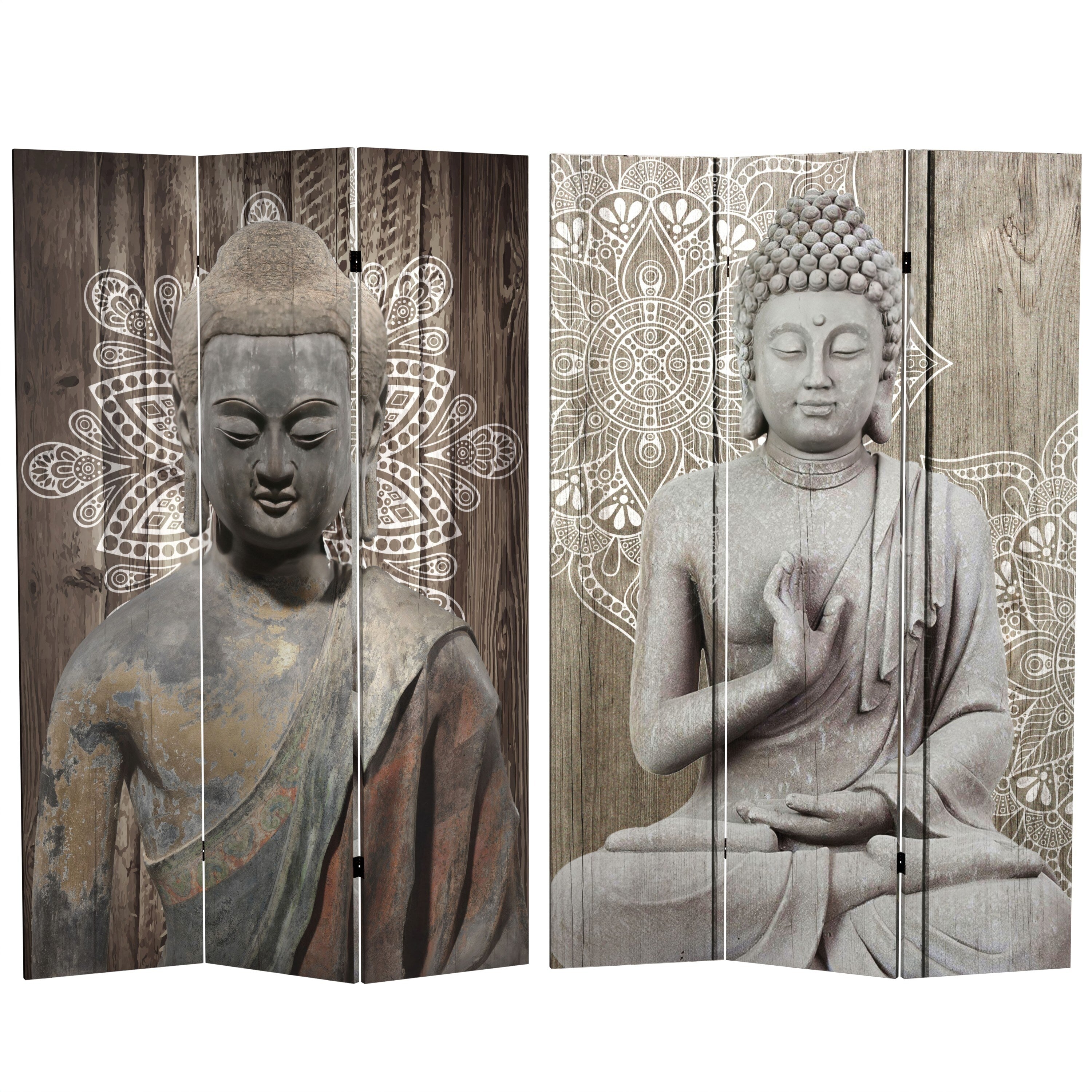6 Ft. Tall Double Sided Stone Buddha Canvas Room Divider