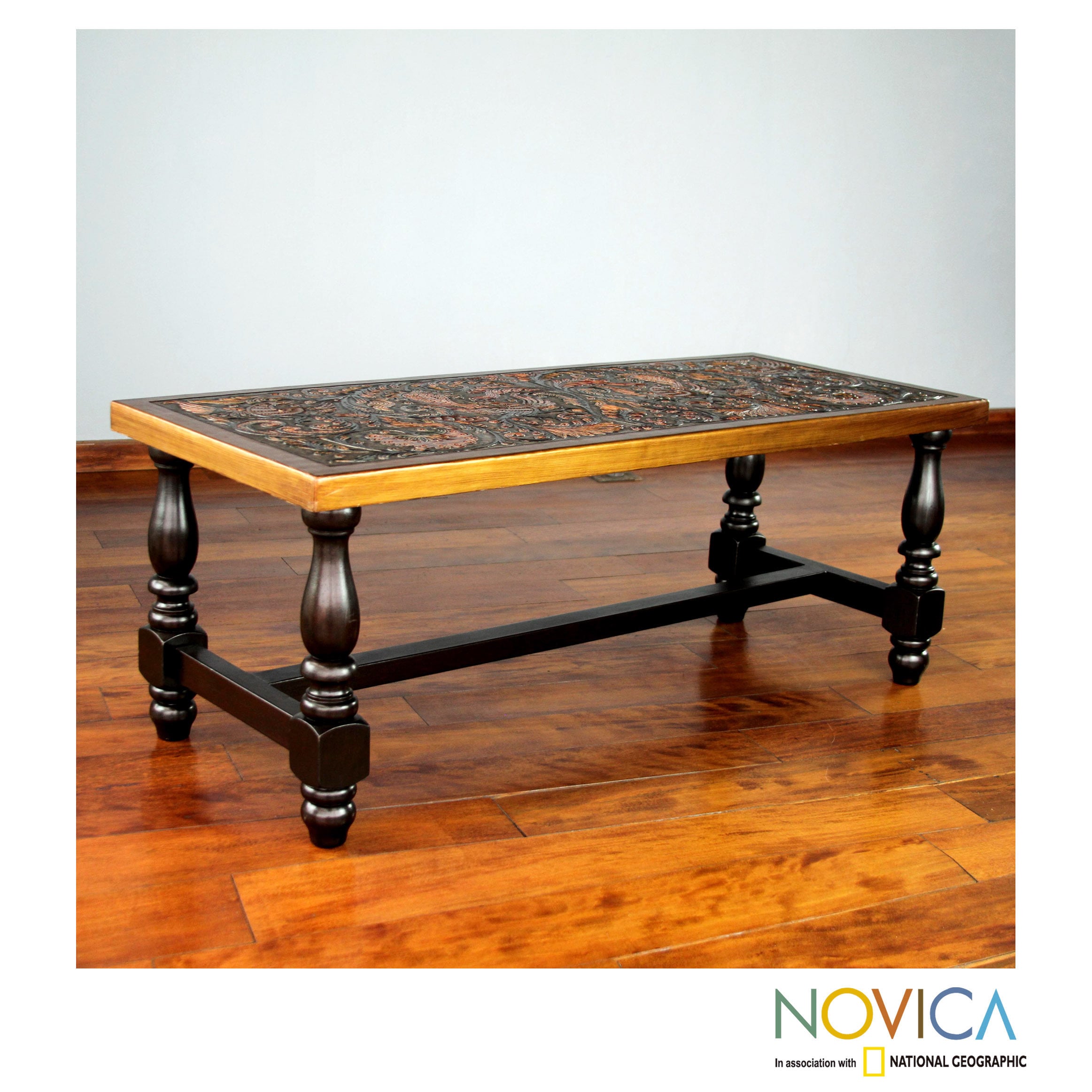 Handmade Andean Birds Hand Tooled Leather Brown Mohena Wood Coffee Table Peru