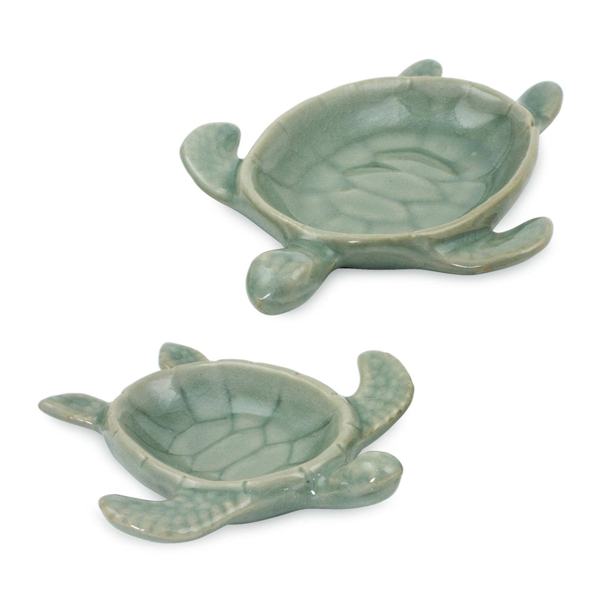 Aqua Thai Turtles Celadon Ceramic Bowls Pair