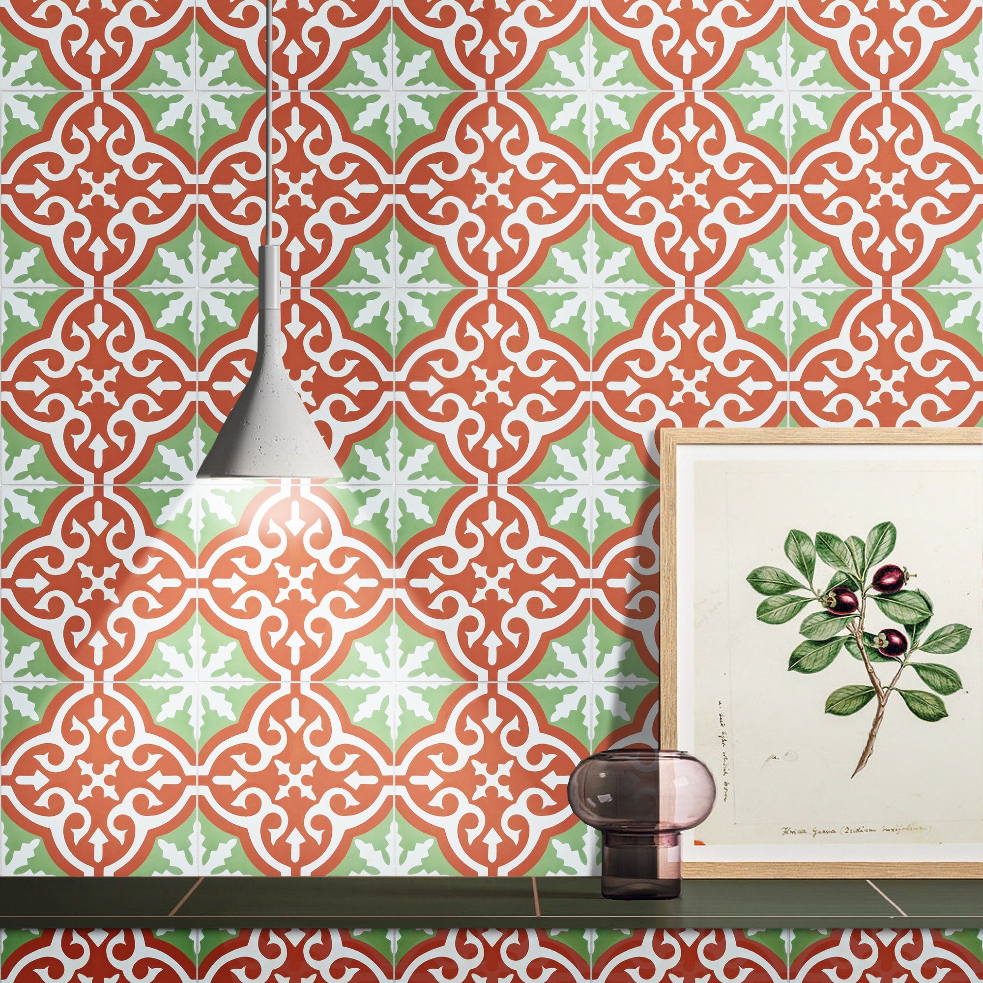 Argana In Green And Red Handmade 8X8 Inch Moroccan Tile Pack Of 12