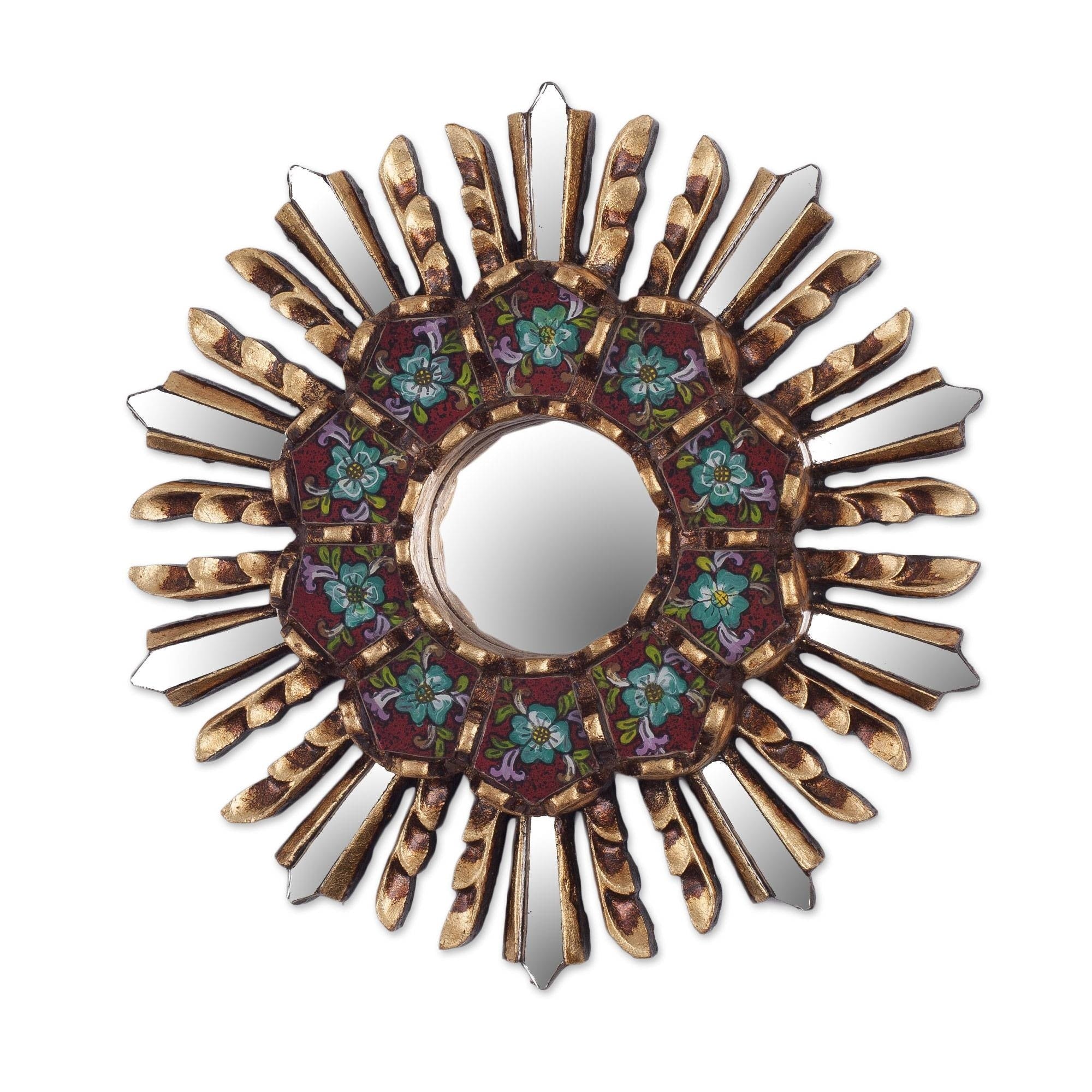 Handmade Asasaawa Wood And Cotton Wall Mirror Ghana Burgundy Metallic
