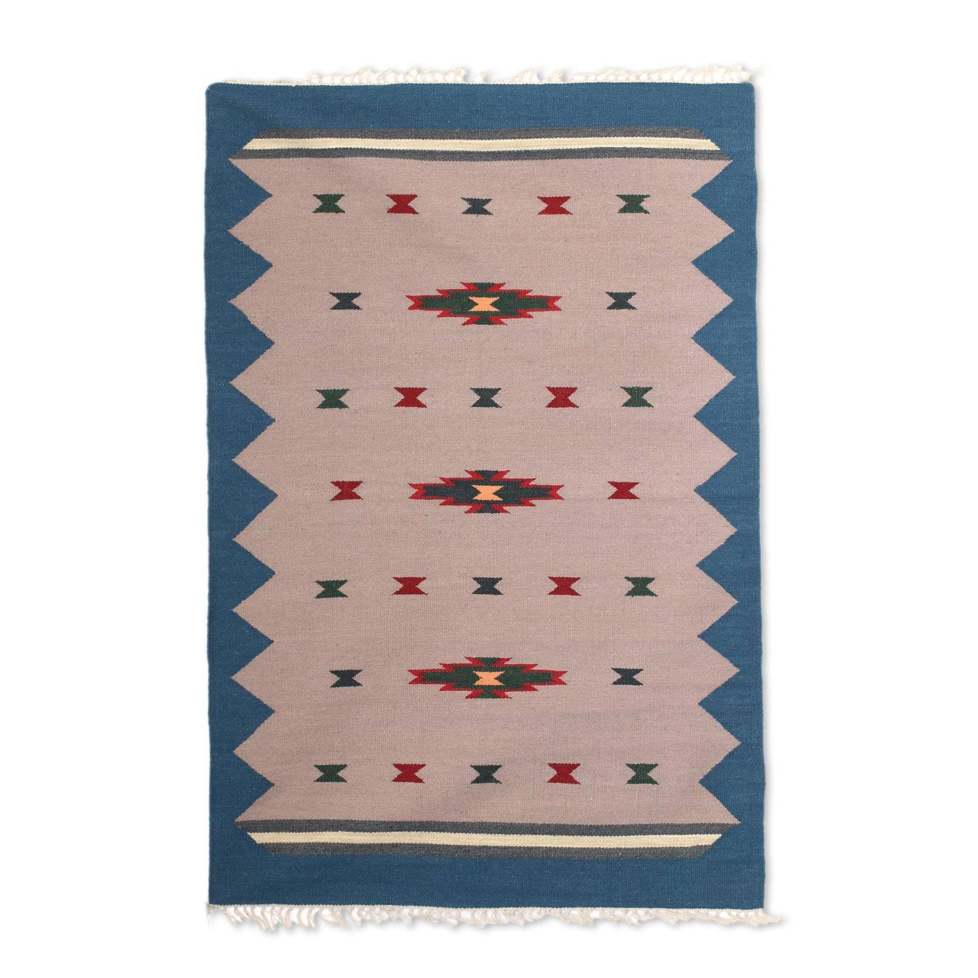 Handmade Azure Melody Wool Dhurrie Rug India Big