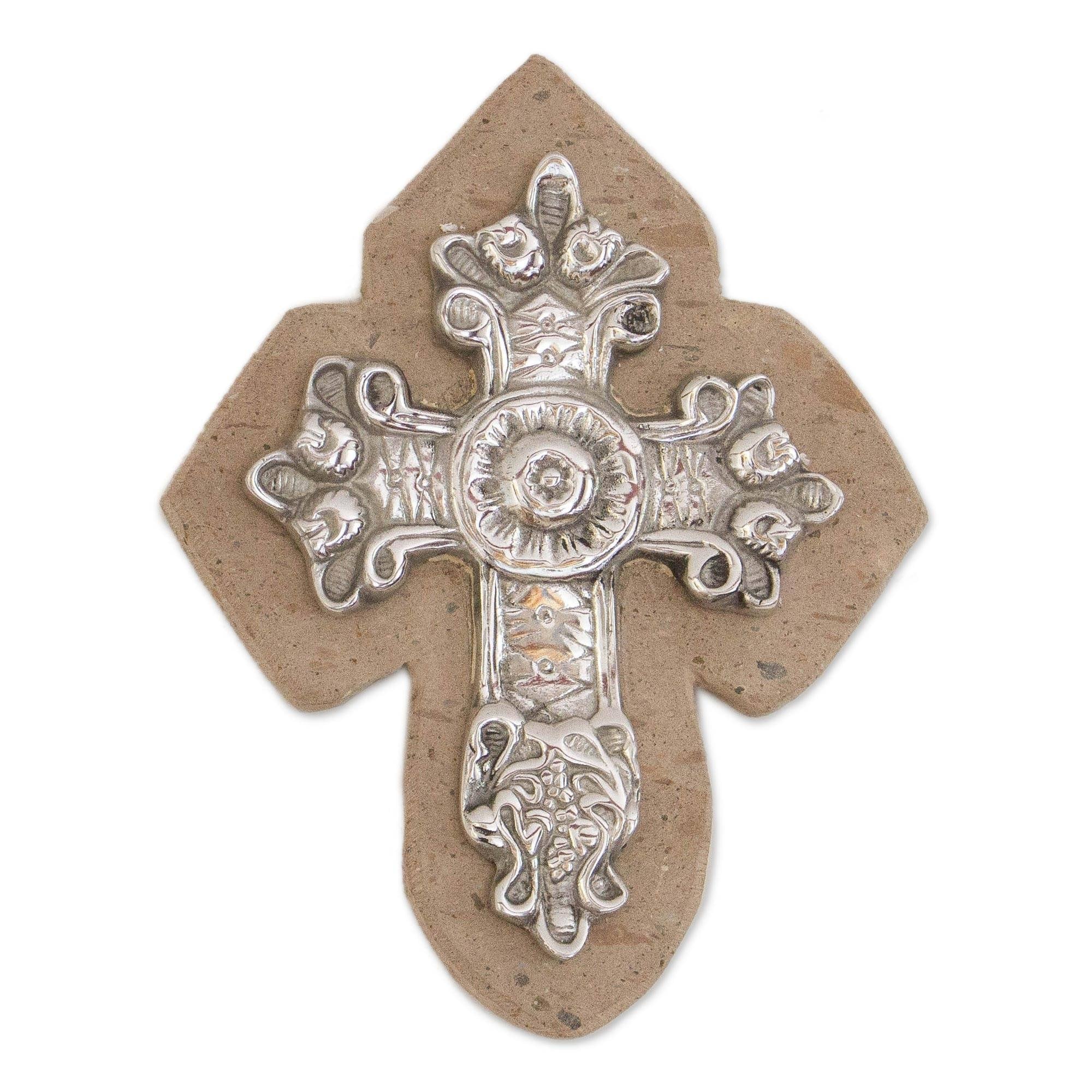 Handmade Baroque Faith Pewter And Reclaimed Stone Wall Cross Mexico 9.25 H X 7.25 W X 1.3 D