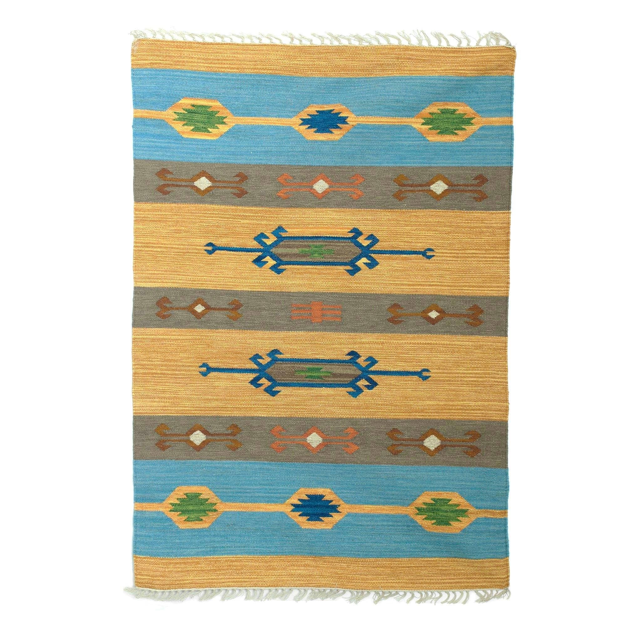 Handmade Beach Side Brilliance Wool Dhurrie Rug India Big