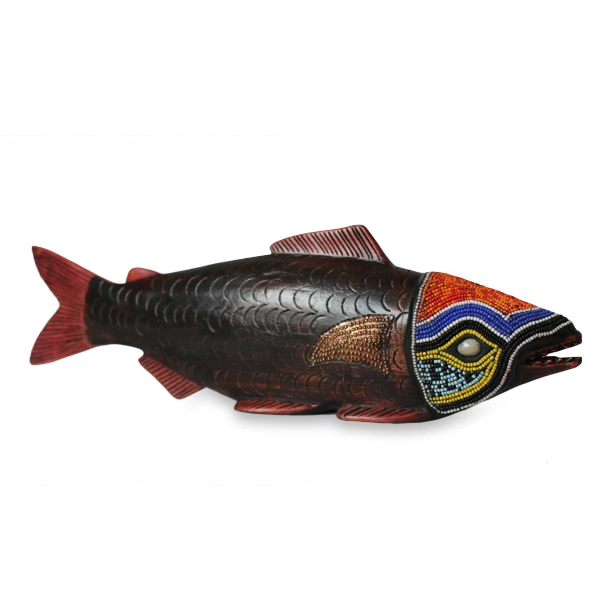 Handmade Beaded Sese Wood Tribal Salmon Sculpture Ghana