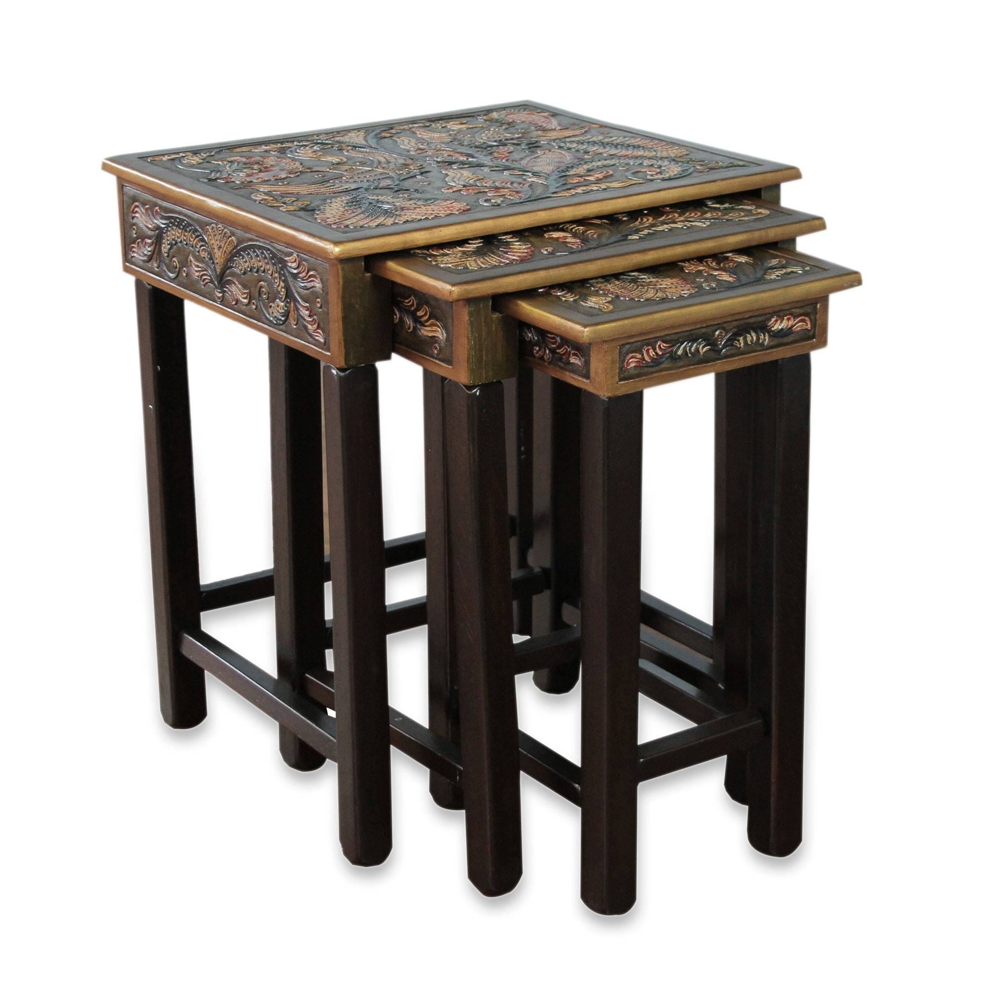 Handmade Bird Of Paradise Set Of 3 Artisan Hand Tooled Leather Brown Mohena Wood Home Decor Furniture End Tables Peru