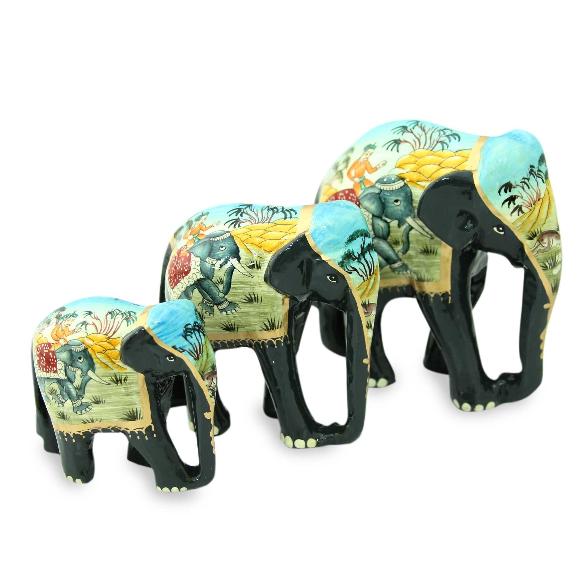 Handmade Black Elephant Trio Set Of 3 Lacquered Wood Sculptures India 31 X 16 X 11