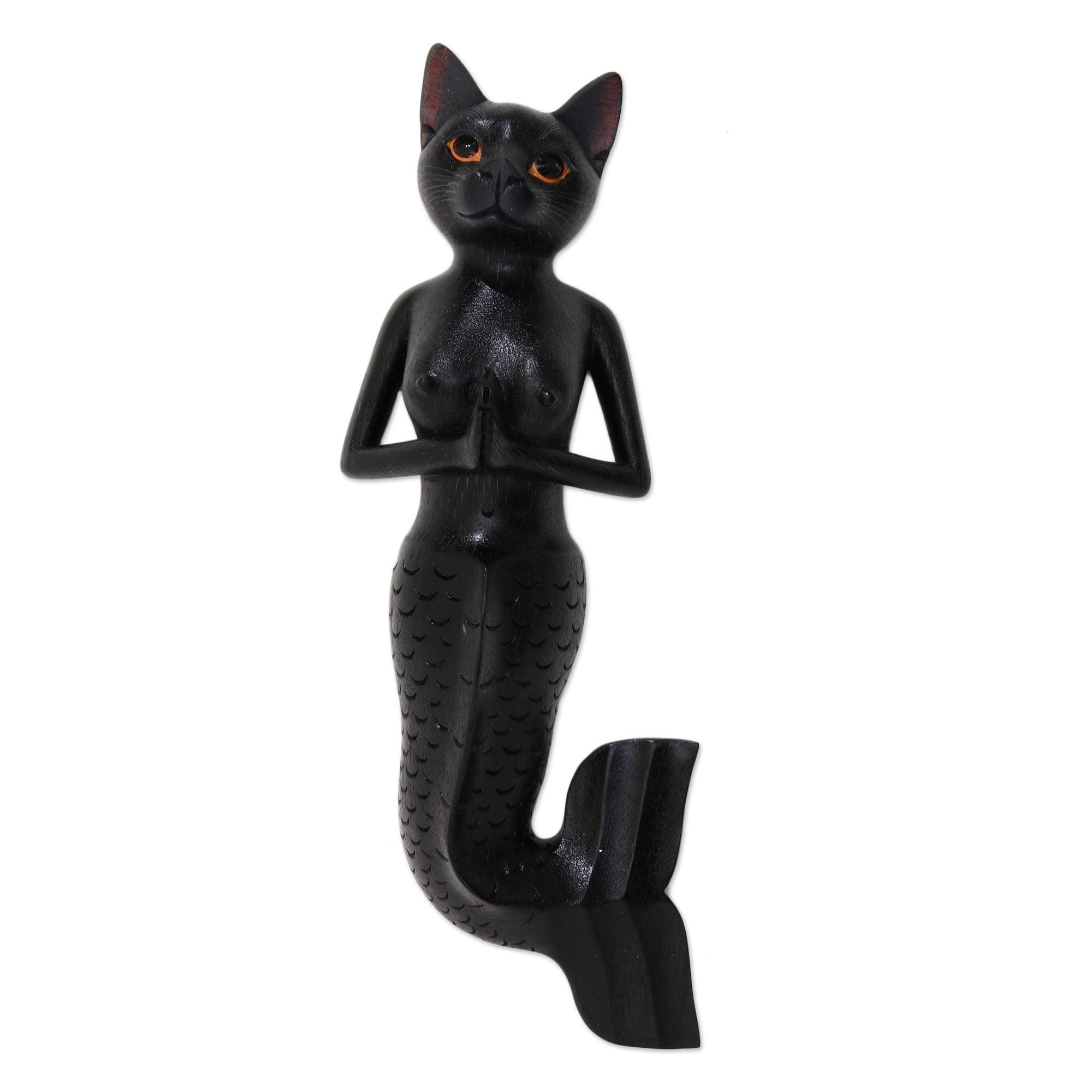 Handmade Black Mermaid Cat Wood Wall Sculpture Indonesia