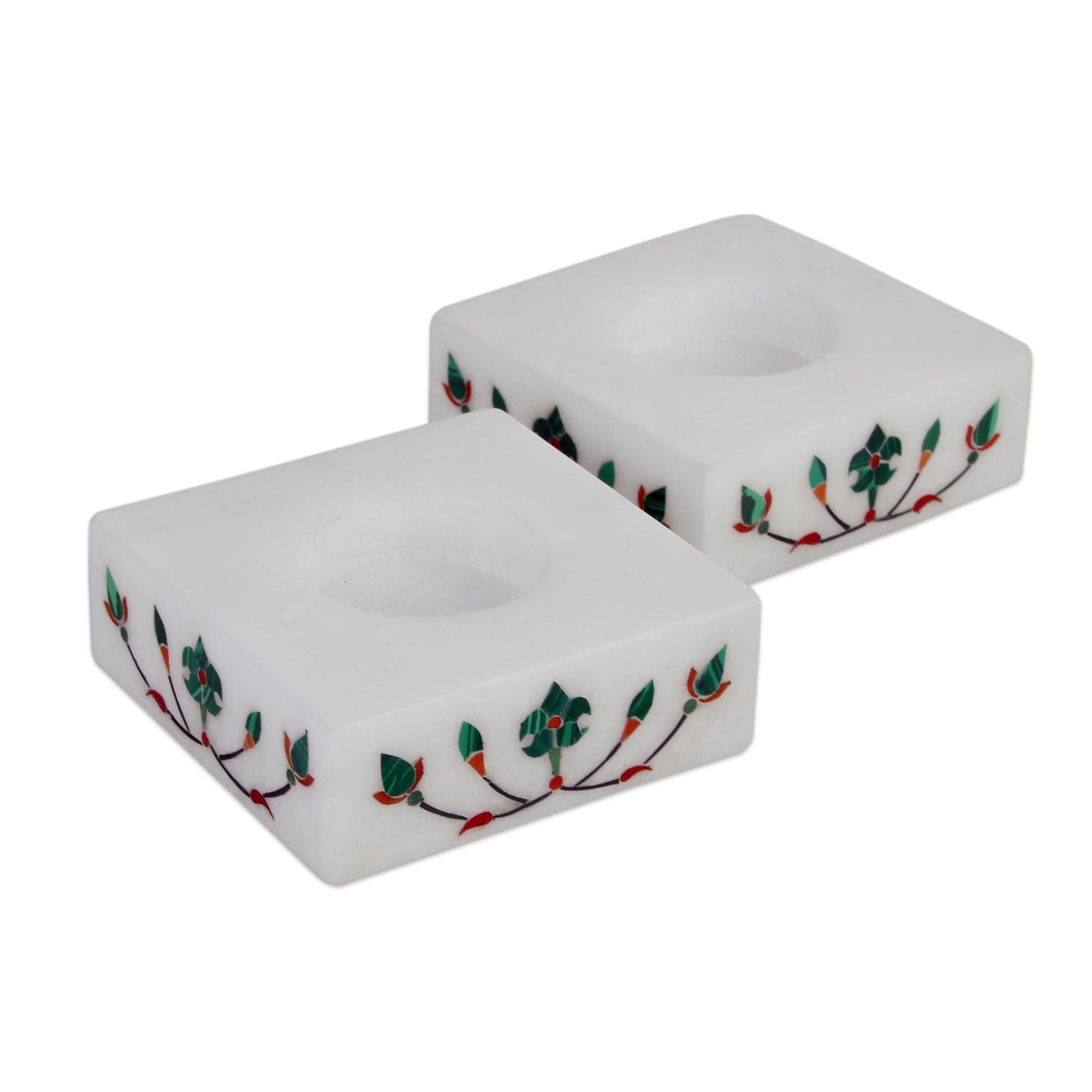 Handmade Blooming Buds In Green Pair Marble Tealight Holders India 18 X 18 X 13