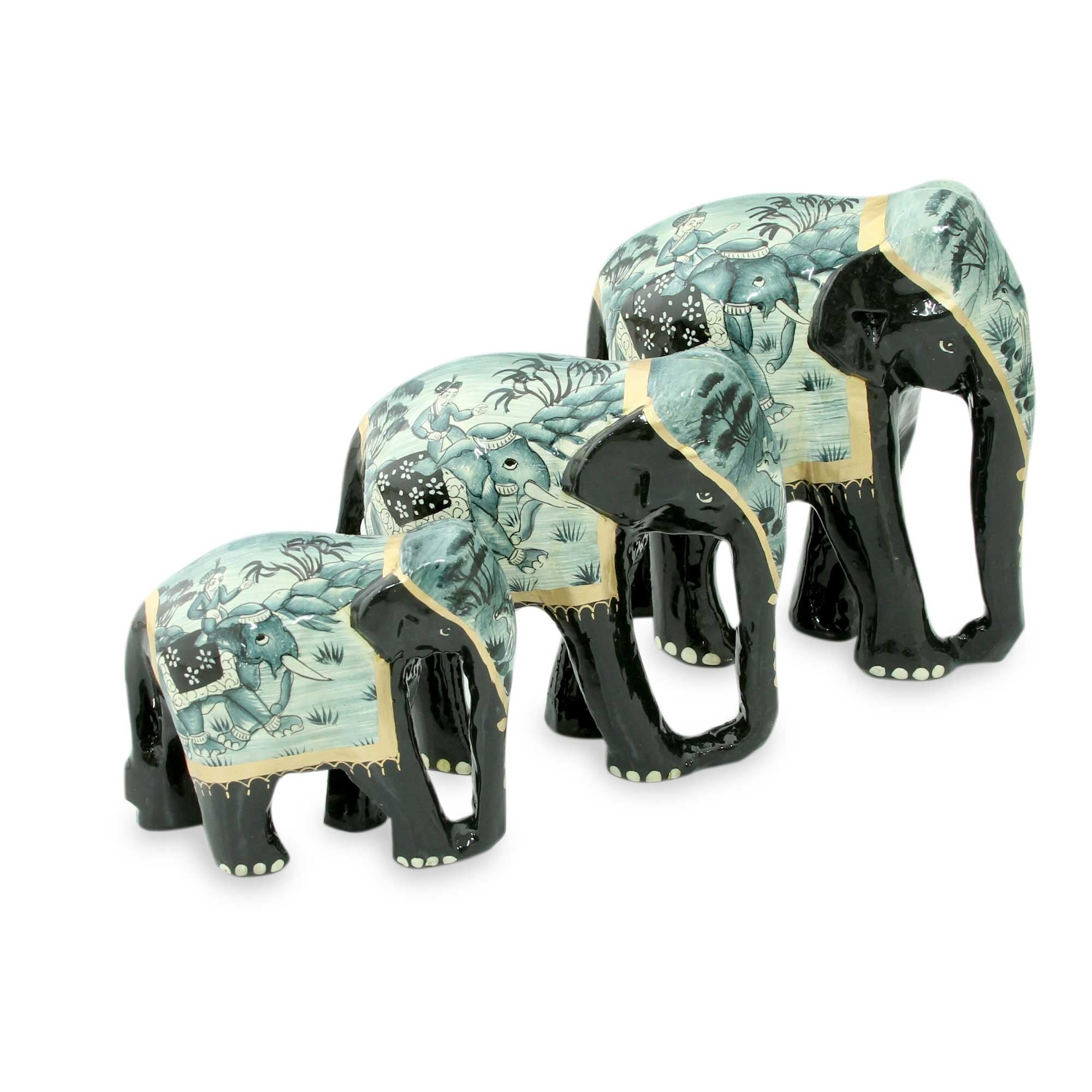 Handmade Blue Elephant Trio Set Of 3 Lacquered Wood Sculptures India 31 X 16 X 11