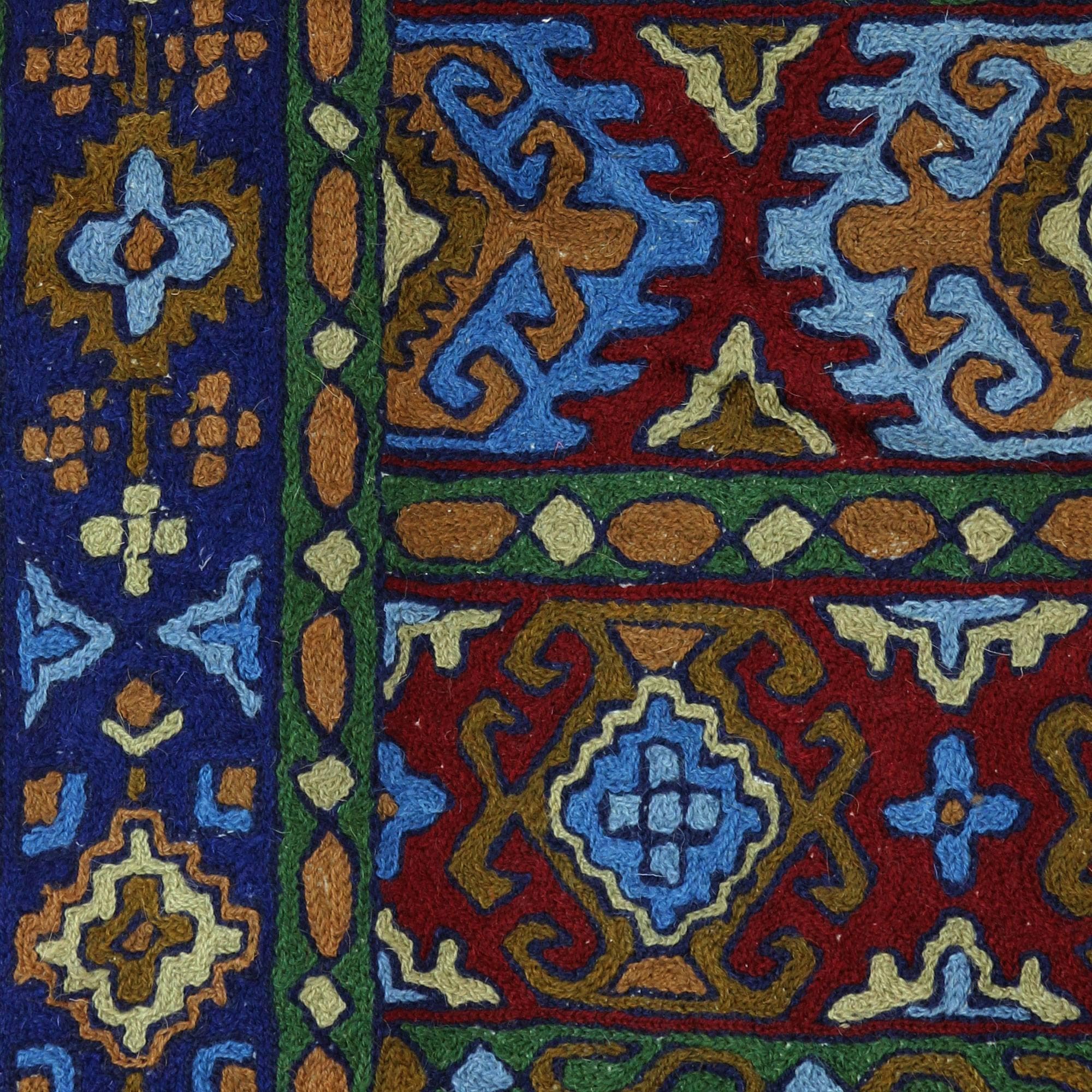 Handmade Blue Tile Palace Wool Chain Stitch Rug India Big