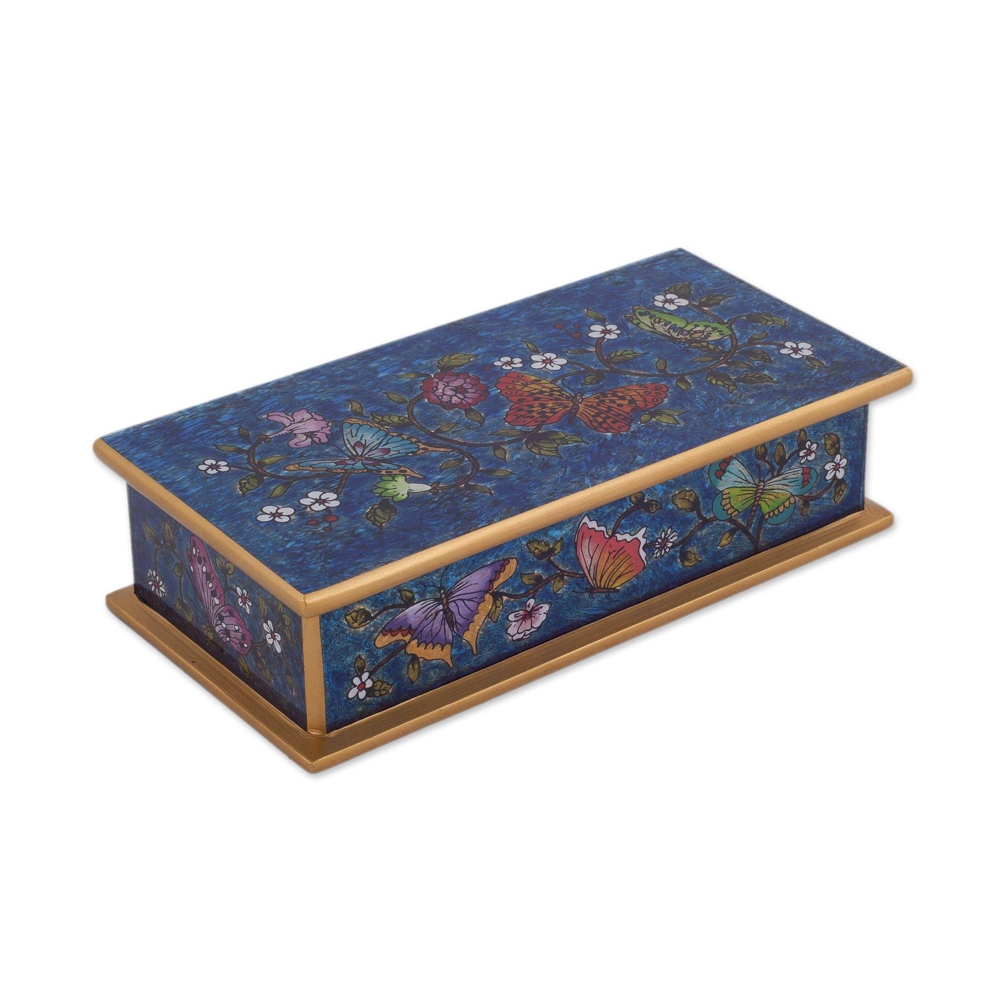 Handmade Butterfly Jubilee In Cyan Reverse Painted Glass Decorative Box Peru 2 H X 7.75 W X 3.9 D