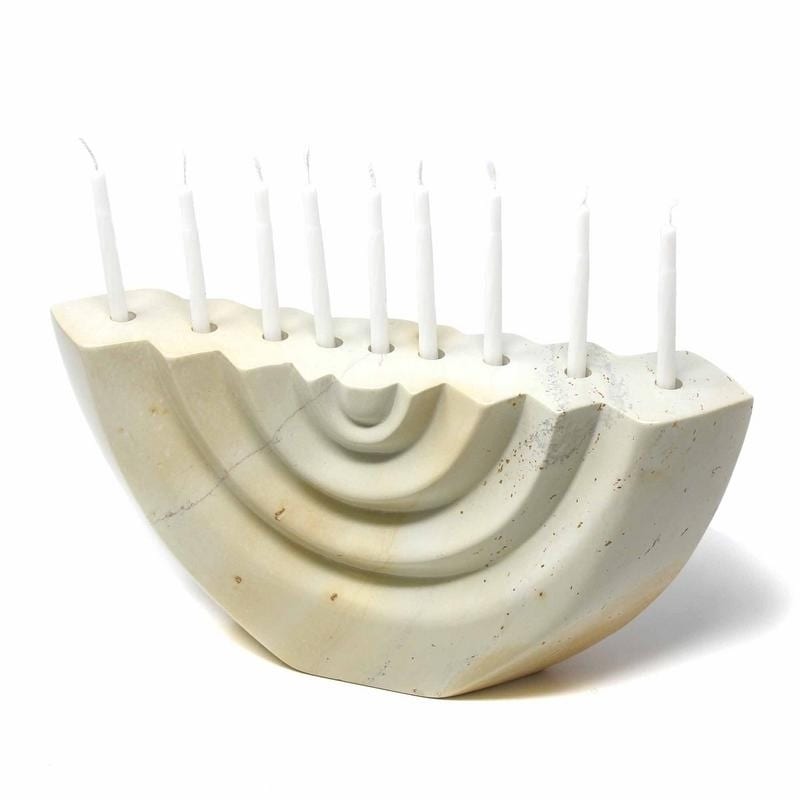 Handmade Carved Soapstone Menorah White Etched