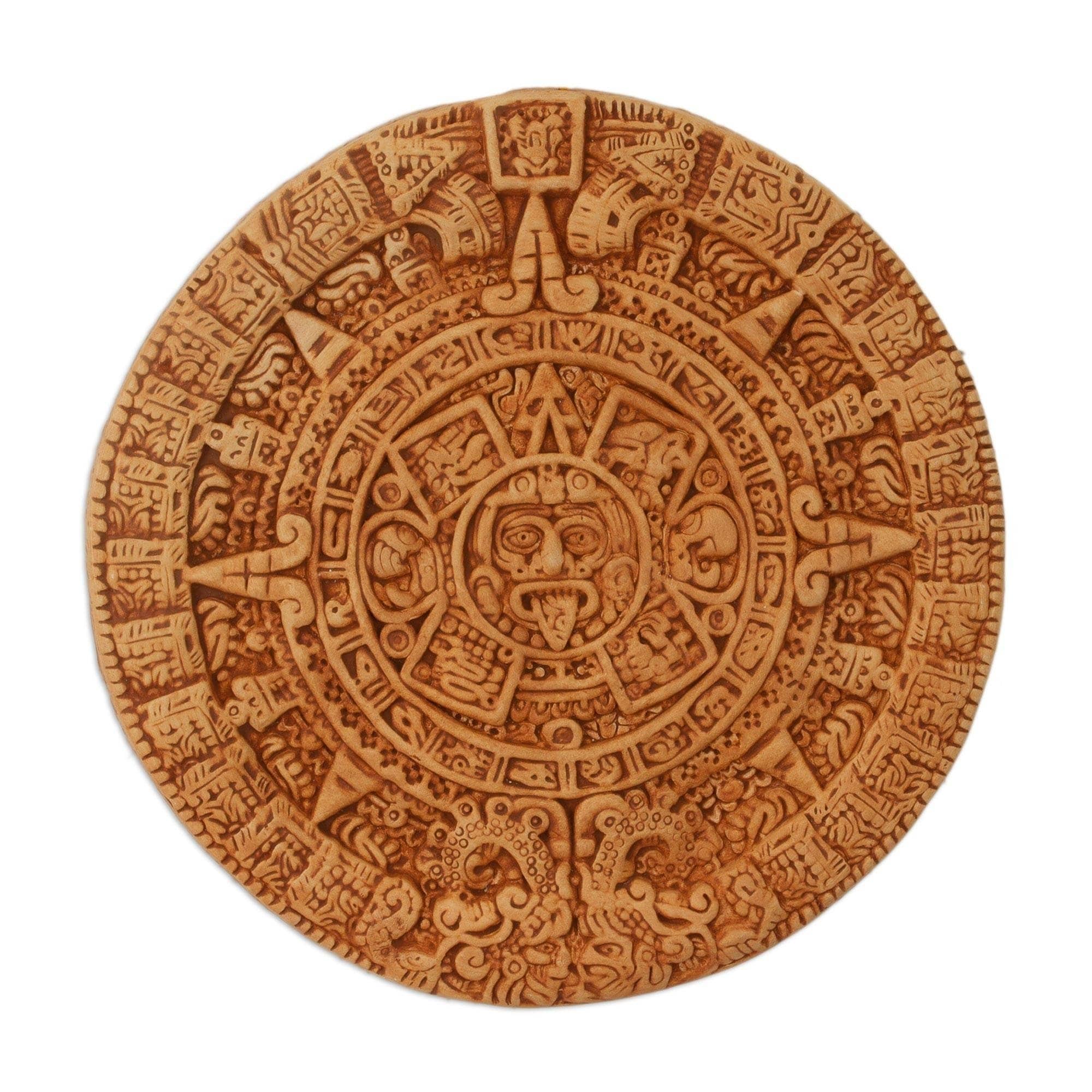 Handmade Ceramic Aztec Calendar In Tan Plaque Mexico