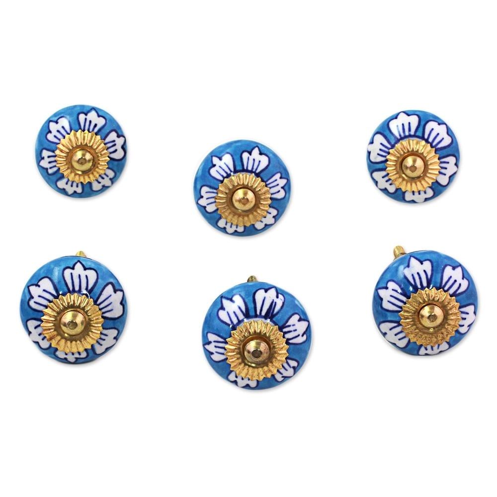 Set Of 6 Handmade Ceramic Blue Flowers Cabinet Knobs India