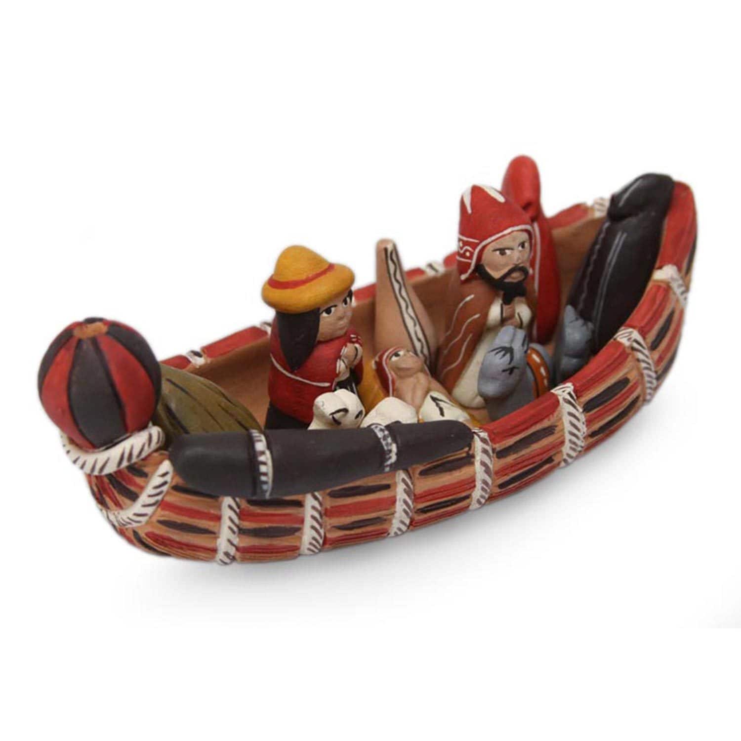 Handmade Ceramic Born In A Canoe Nativity Scene Peru