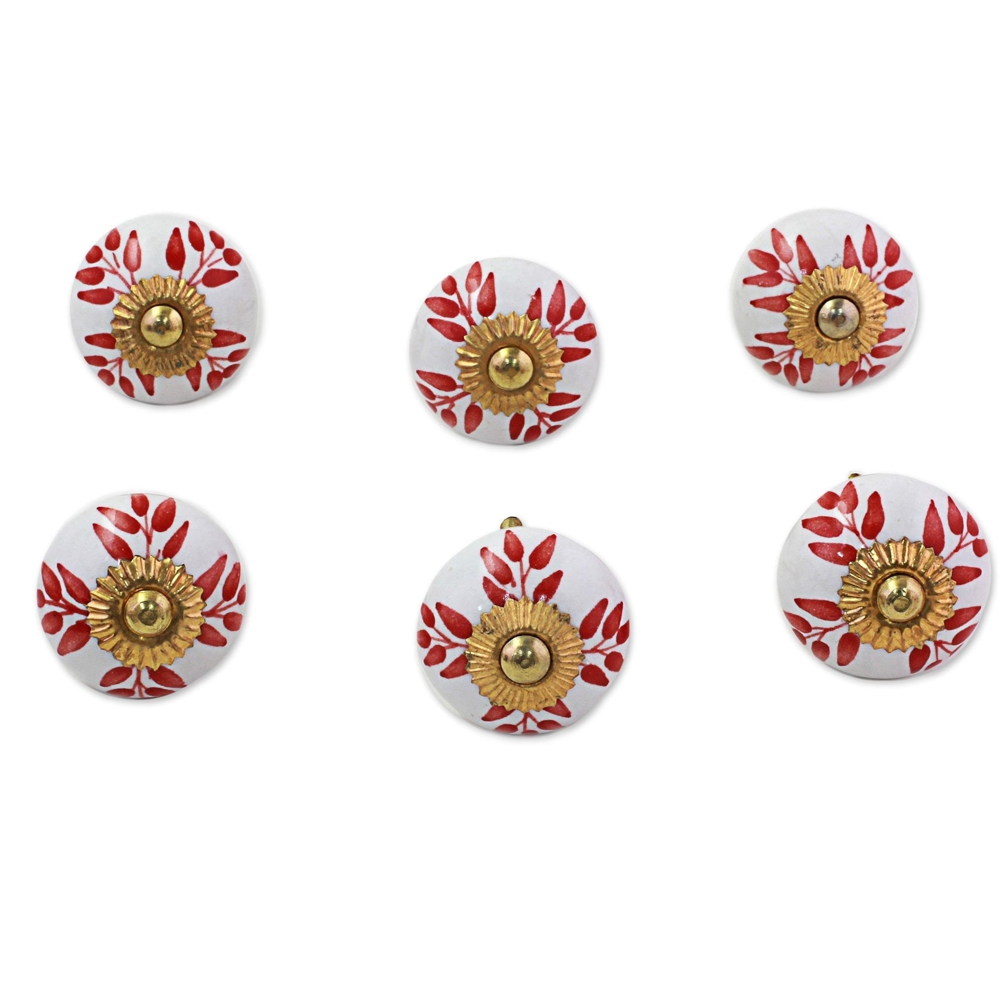 Set Of 6 Handmade Ceramic Leafy Red Cabinet Knobs India