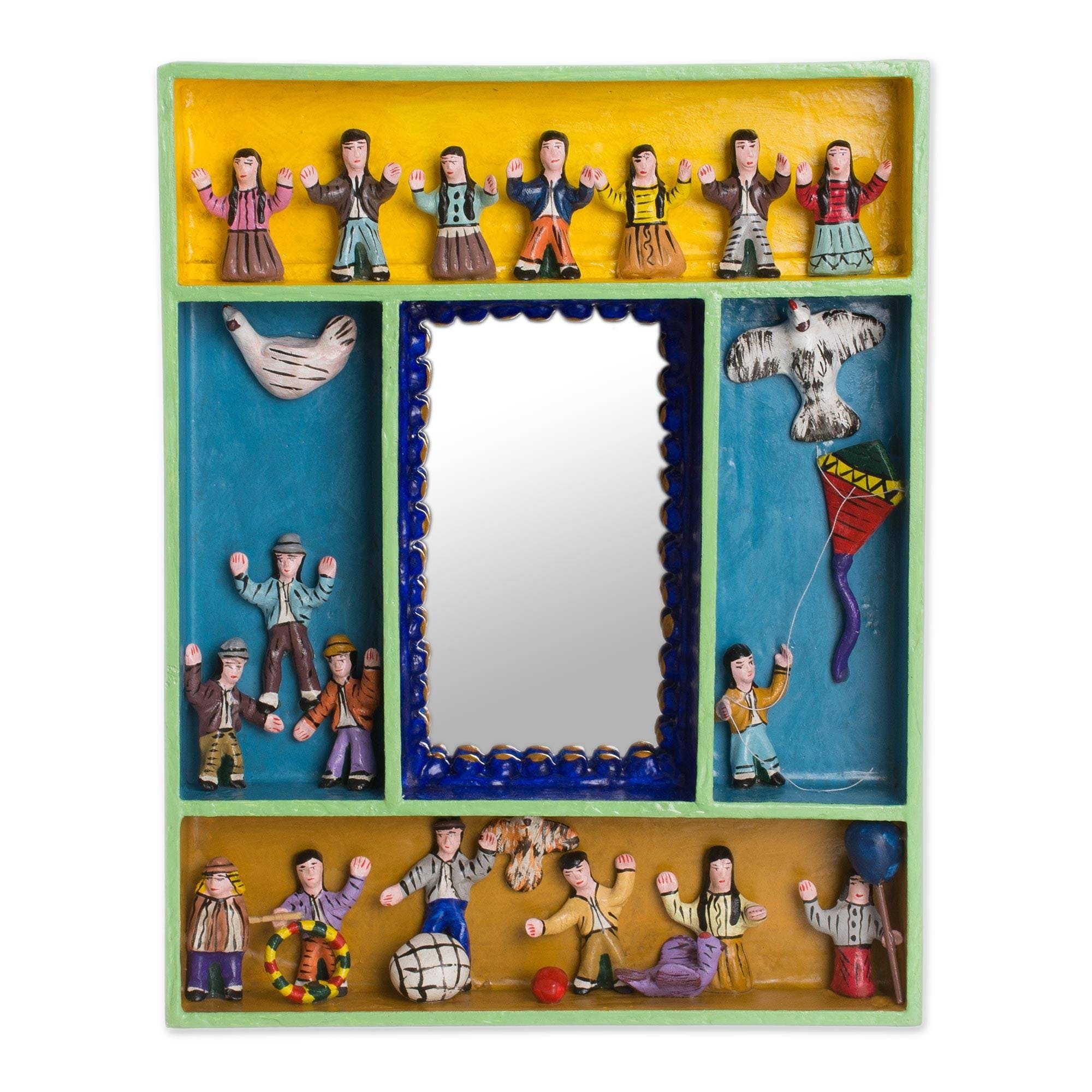 Handmade Children At Play Wood Retablo Wall Mirror Peru 10.75 H X 8.5 W X 1.4 D
