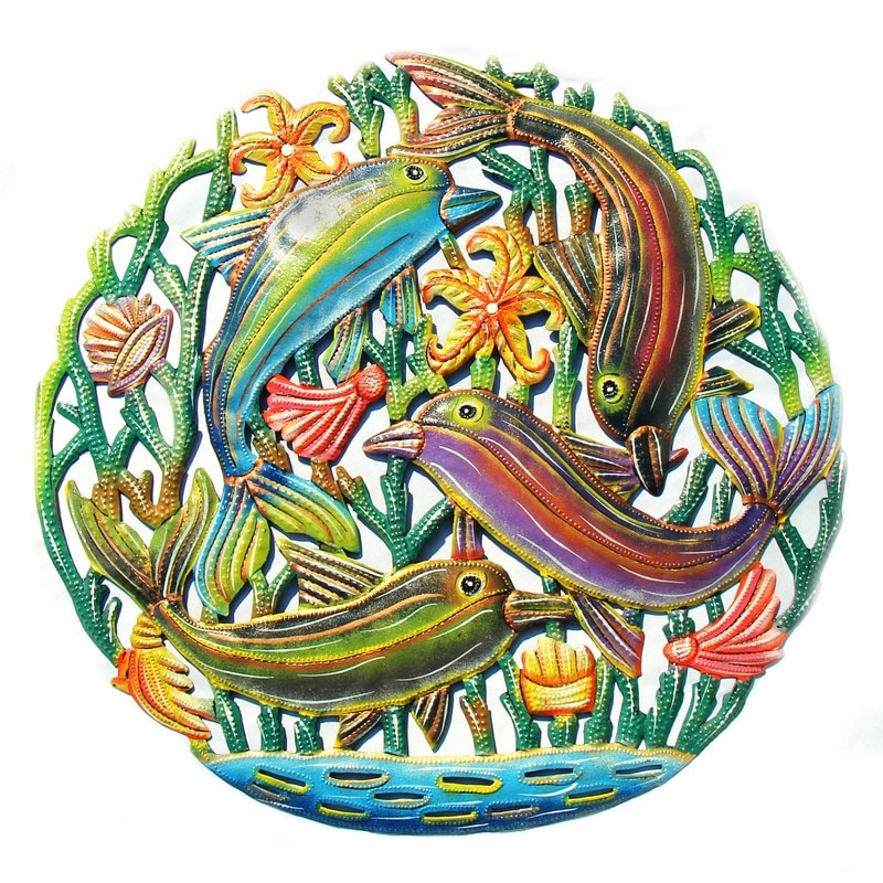 Handmade Coastal Nature Painted Playful Dolphins Recycled Steel Wall Art