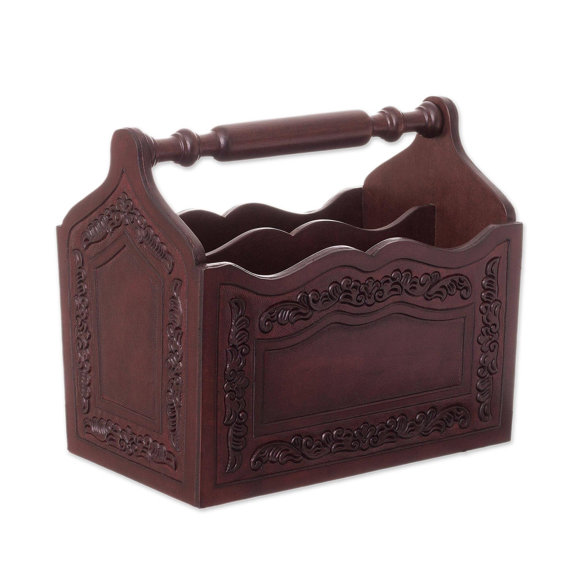 Handmade Colonial Reader Leather And Wood Magazine Holder Peru 8.75 H X 9.75 W X 6.25 D