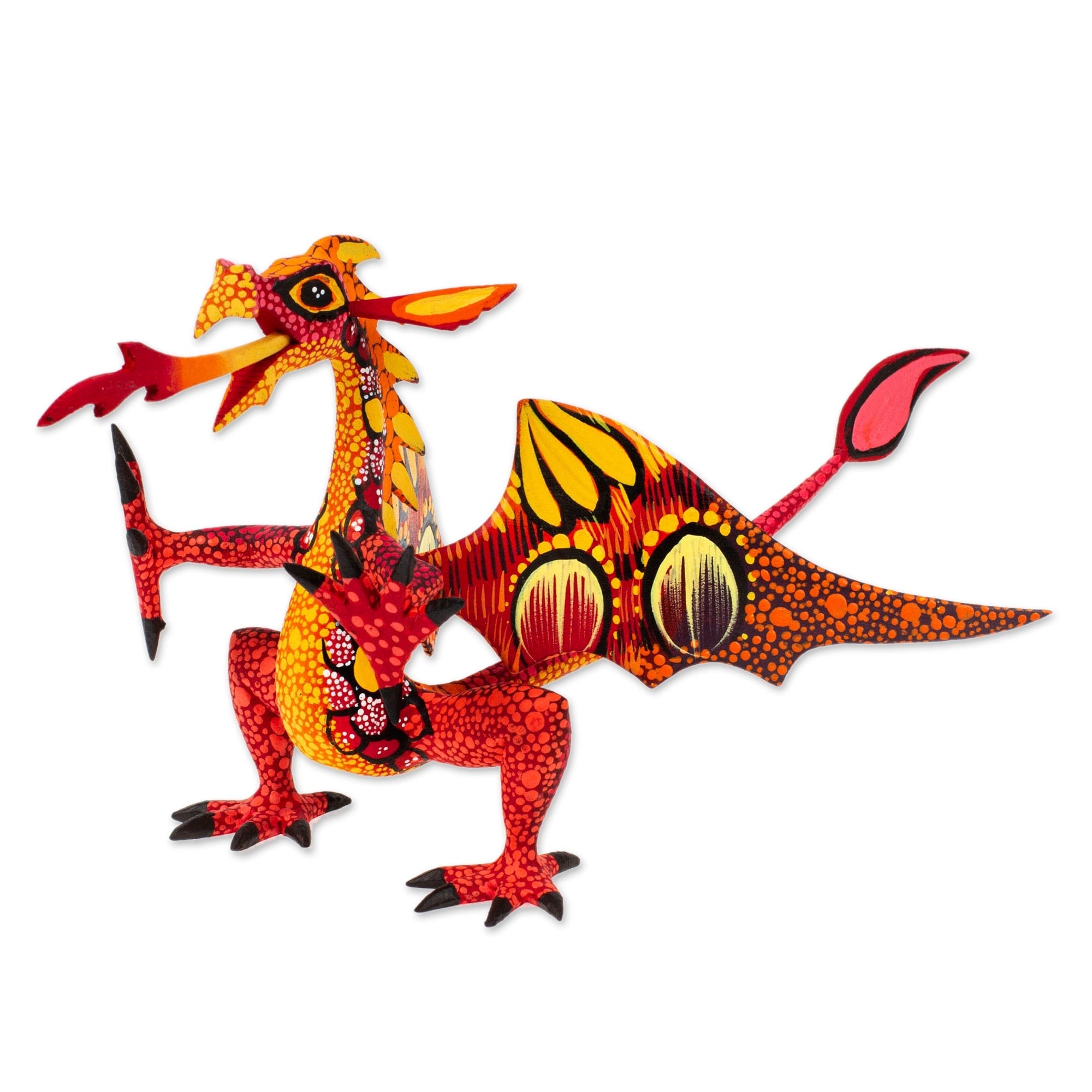Handmade Copal Wood Dragon Alebrije Sculpture In Red And Orange Mexico N A