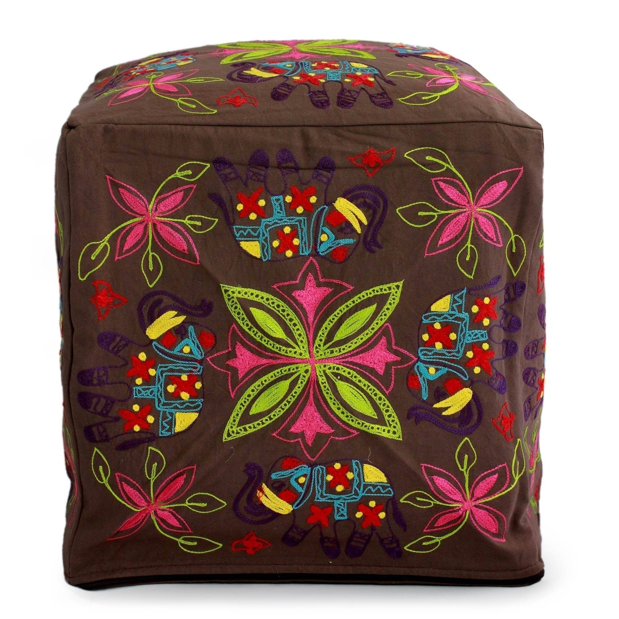 Handmade Cotton Rayon Elephant Blooms Ottoman Pouf Cover India