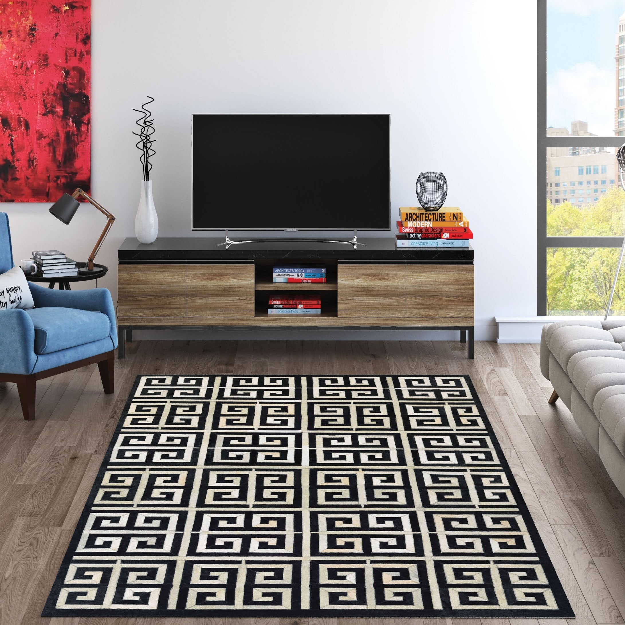 Hand Crafted Couristan Chalet Meander Black Ivory Cowhide Leather Rug 56 X 8