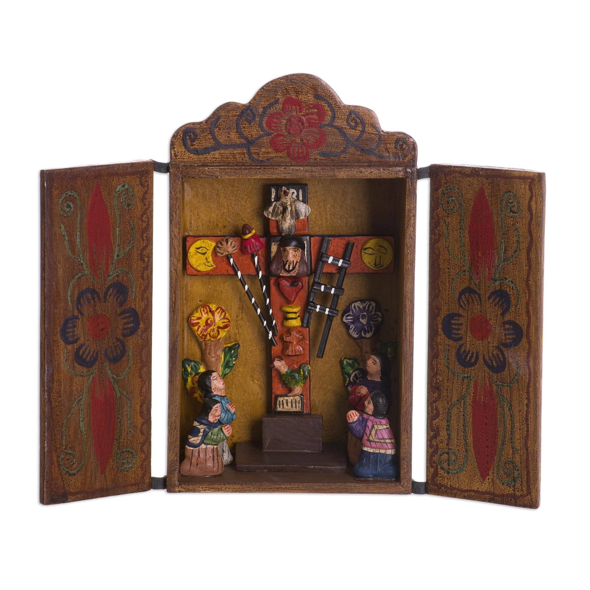 Handmade Cross Of Lamentation Painted Wood Retablo Peru